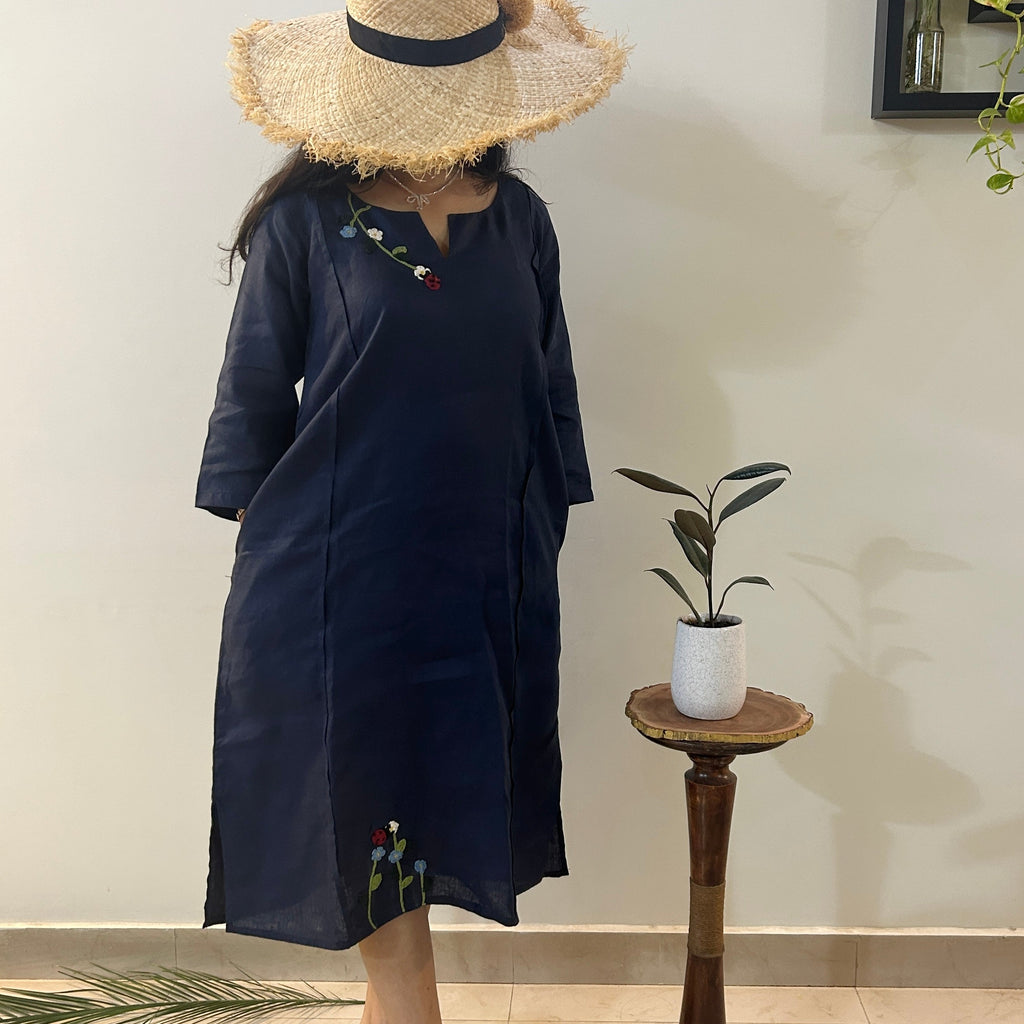 Indigo Bloom Linen Dress at Kamakhyaa by Ikriit'm. This item is Bloom by Ikriit'm, Blue, Casual Wear, Crochet, Crochet Apparel, Linen, Relaxed Fit, Under $100, Womenswear