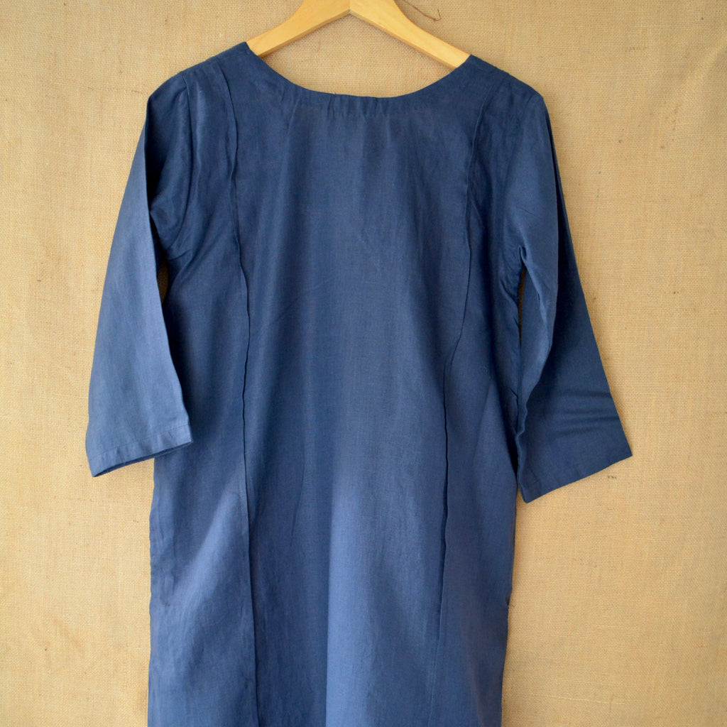 Indigo Bloom Linen Dress at Kamakhyaa by Ikriit'm. This item is Bloom by Ikriit'm, Blue, Casual Wear, Crochet, Crochet Apparel, Linen, Relaxed Fit, Under $100, Womenswear