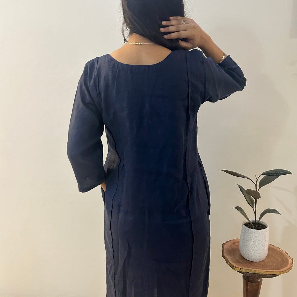 Indigo Bloom Linen Dress at Kamakhyaa by Ikriit'm. This item is Bloom by Ikriit'm, Blue, Casual Wear, Crochet, Crochet Apparel, Linen, Relaxed Fit, Under $100, Womenswear