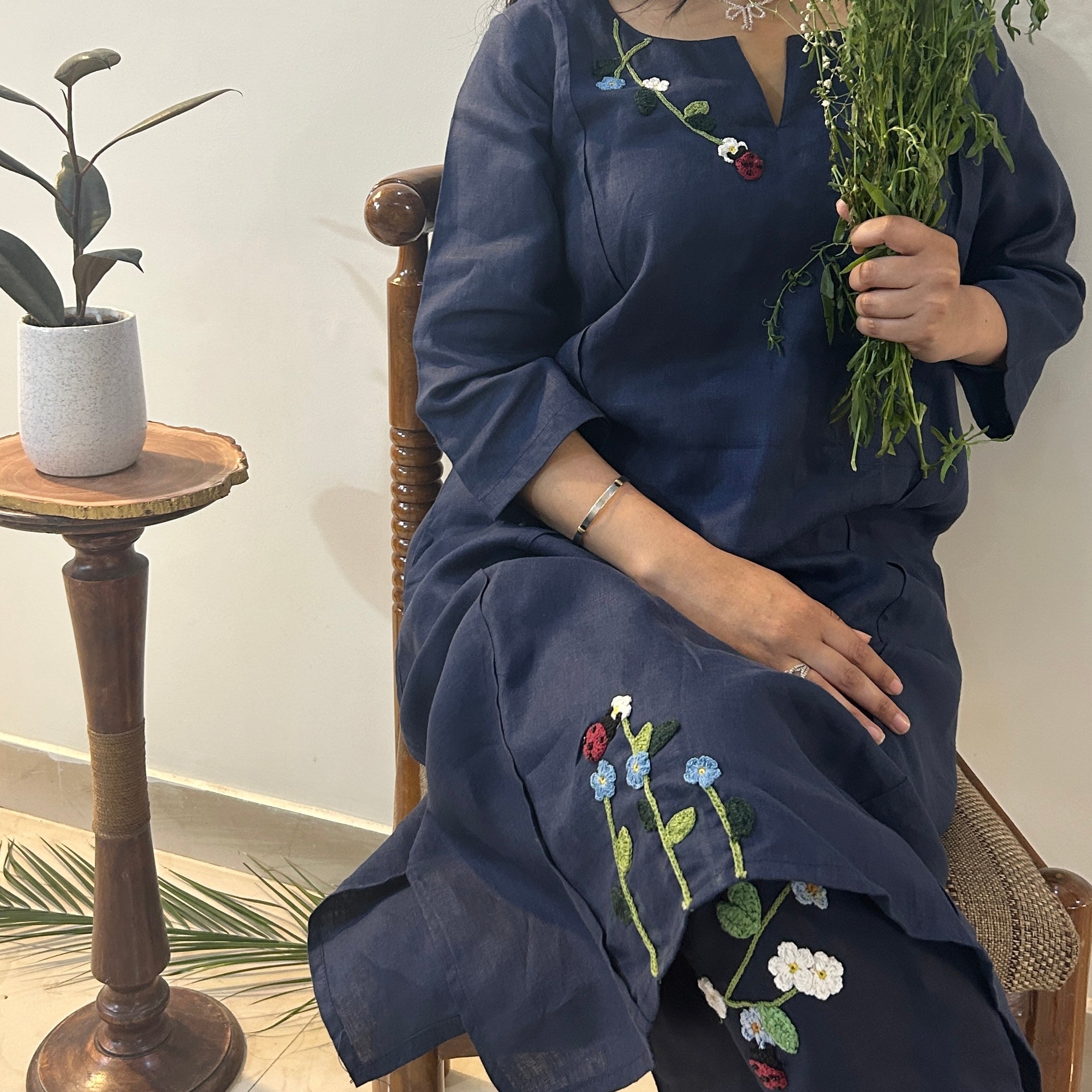 Indigo Bloom Linen Set of Dress & Trouser at Kamakhyaa by Ikriit'm. This item is Bloom by Ikriit'm, Blue, Casual Wear, Crochet, Crochet Apparel, Linen, Relaxed Fit, Under $150, Womenswear