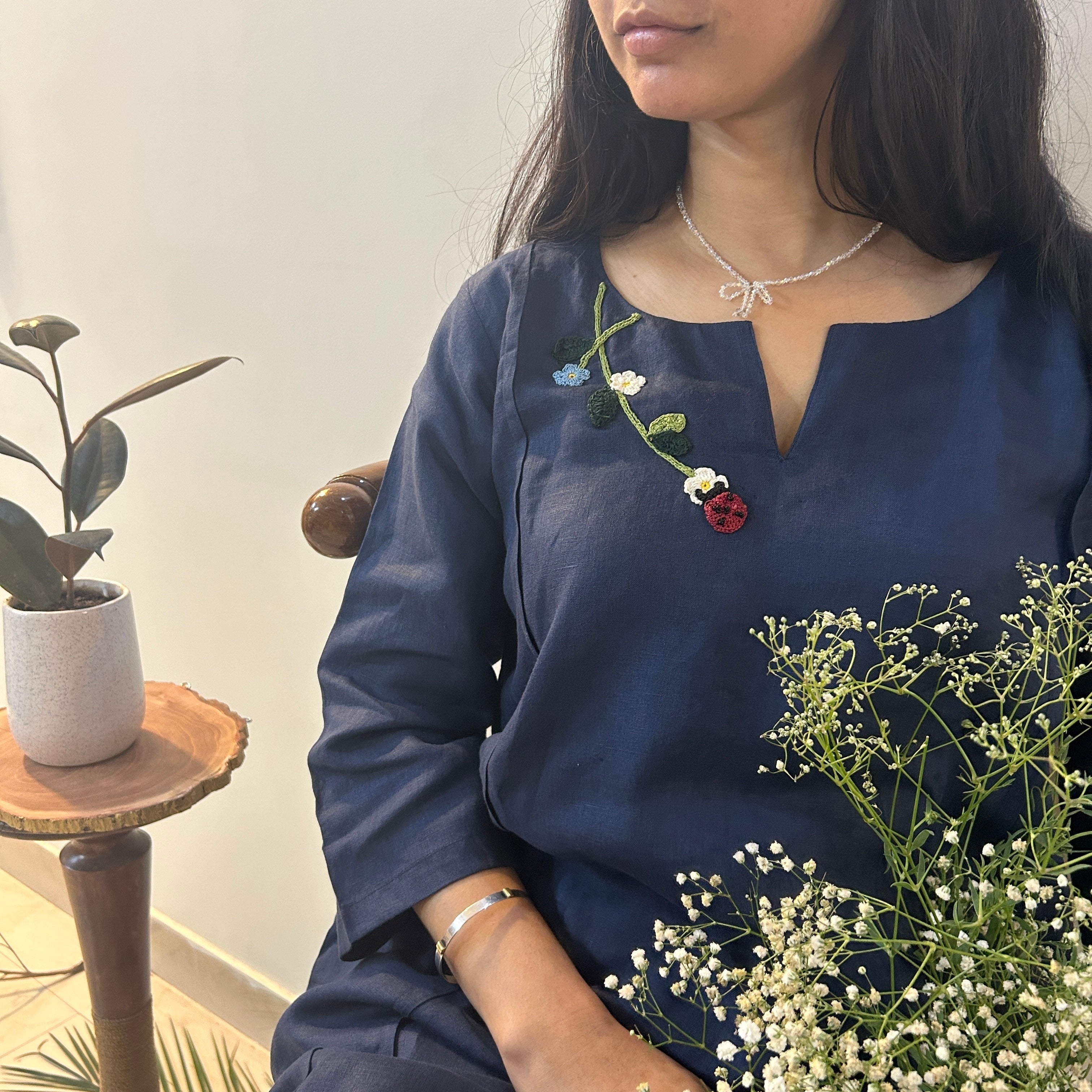 Indigo Bloom Linen Set of Dress & Trouser at Kamakhyaa by Ikriit'm. This item is Bloom by Ikriit'm, Blue, Casual Wear, Crochet, Crochet Apparel, Linen, Relaxed Fit, Under $150, Womenswear