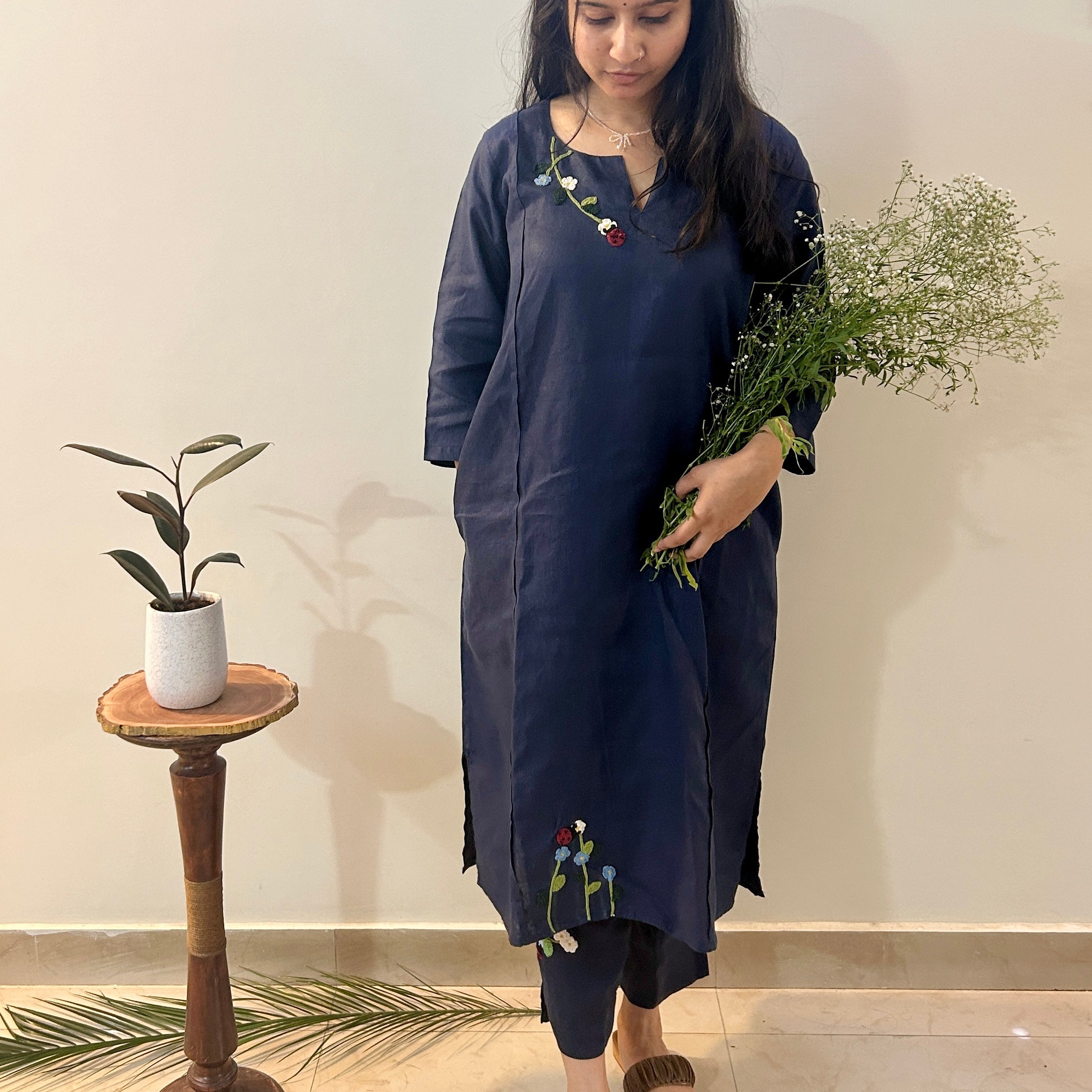Indigo Bloom Linen Set of Dress & Trouser at Kamakhyaa by Ikriit'm. This item is Bloom by Ikriit'm, Blue, Casual Wear, Crochet, Crochet Apparel, Linen, Relaxed Fit, Under $150, Womenswear