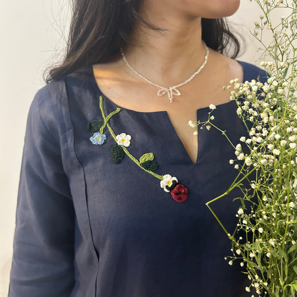 Indigo Bloom Linen Set of Dress & Trouser at Kamakhyaa by Ikriit'm. This item is Bloom by Ikriit'm, Blue, Casual Wear, Crochet, Crochet Apparel, Linen, Relaxed Fit, Under $150, Womenswear