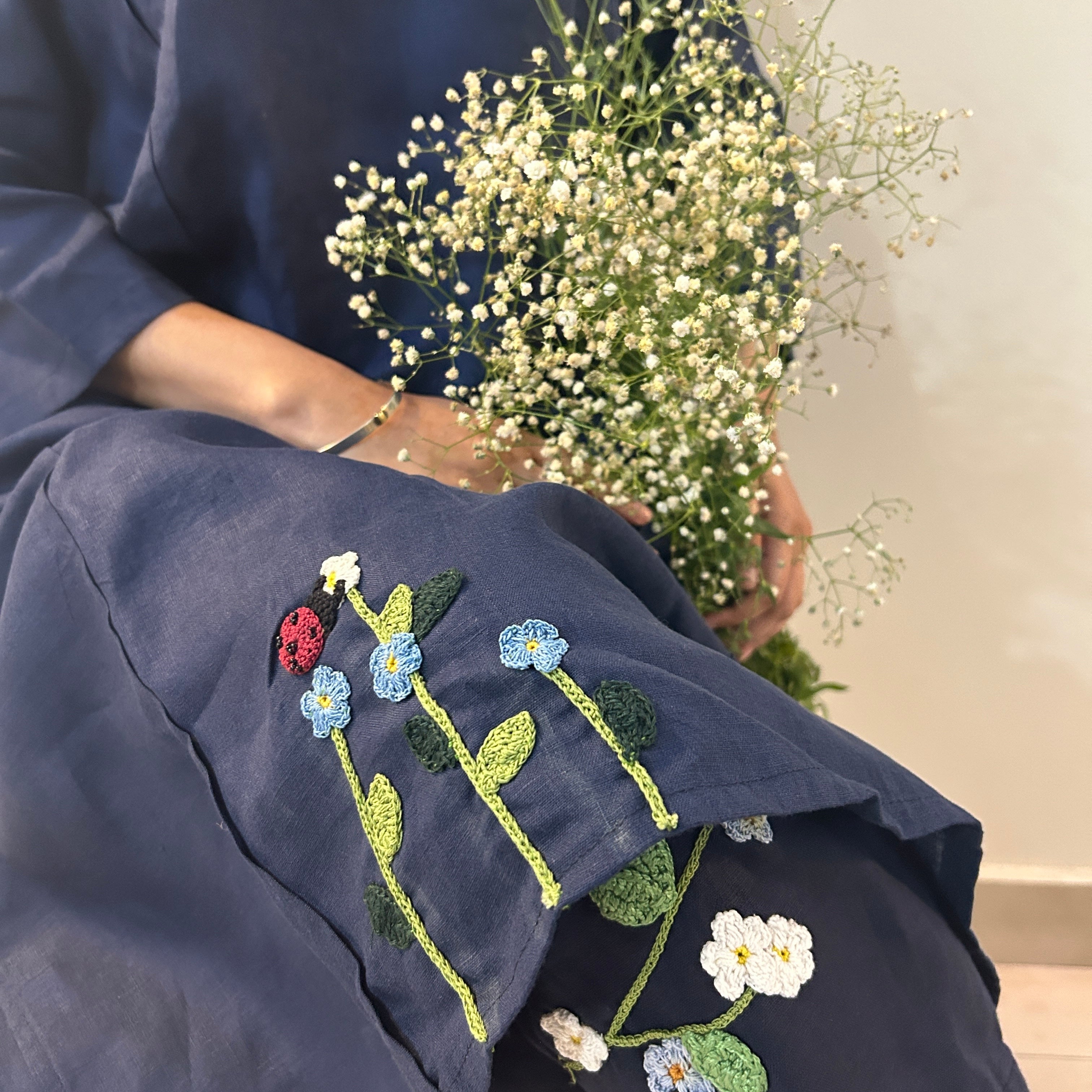 Indigo Bloom Linen Set of Dress & Trouser at Kamakhyaa by Ikriit'm. This item is Bloom by Ikriit'm, Blue, Casual Wear, Crochet, Crochet Apparel, Linen, Relaxed Fit, Under $150, Womenswear