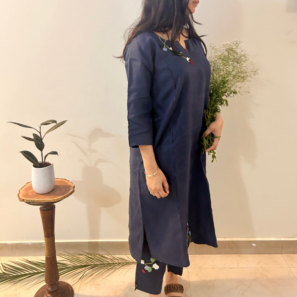 Indigo Bloom Linen Set of Dress & Trouser at Kamakhyaa by Ikriit'm. This item is Bloom by Ikriit'm, Blue, Casual Wear, Crochet, Crochet Apparel, Linen, Relaxed Fit, Under $150, Womenswear