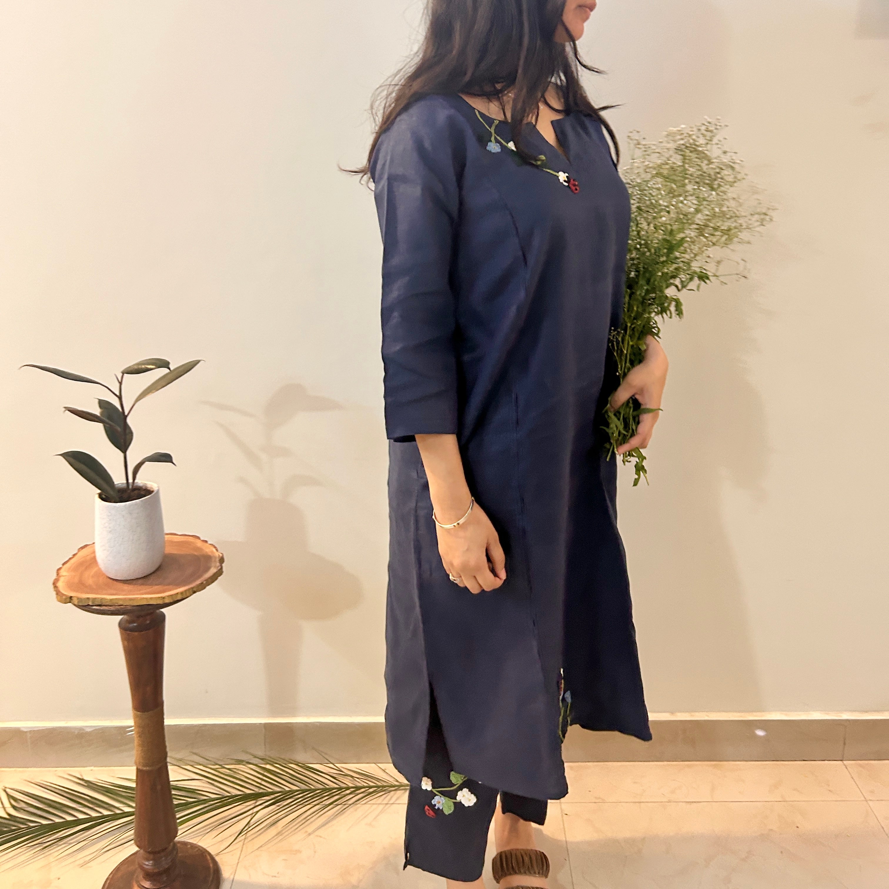 Indigo Bloom Linen Set of Dress & Trouser at Kamakhyaa by Ikriit'm. This item is Bloom by Ikriit'm, Blue, Casual Wear, Crochet, Crochet Apparel, Linen, Relaxed Fit, Under $150, Womenswear