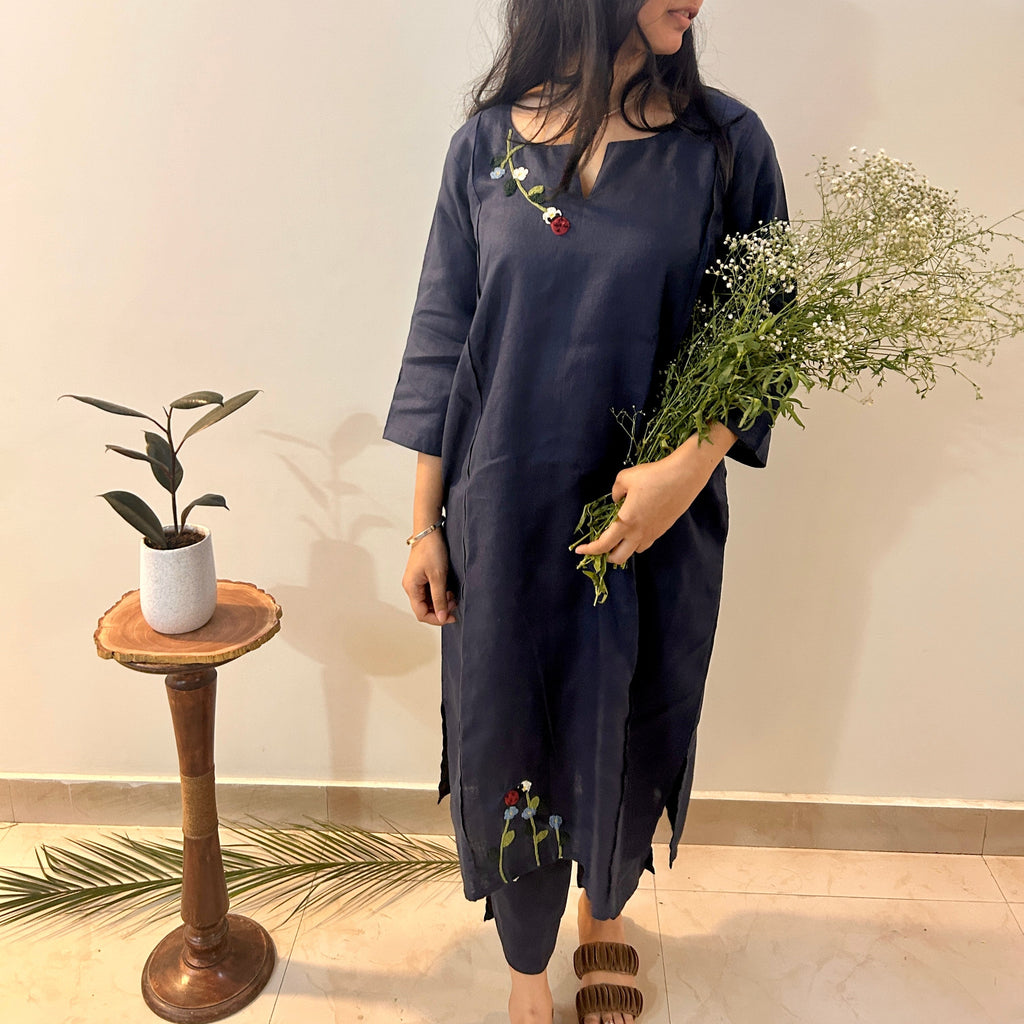 Indigo Bloom Linen Set of Dress & Trouser at Kamakhyaa by Ikriit'm. This item is Bloom by Ikriit'm, Blue, Casual Wear, Crochet, Crochet Apparel, Linen, Relaxed Fit, Under $150, Womenswear