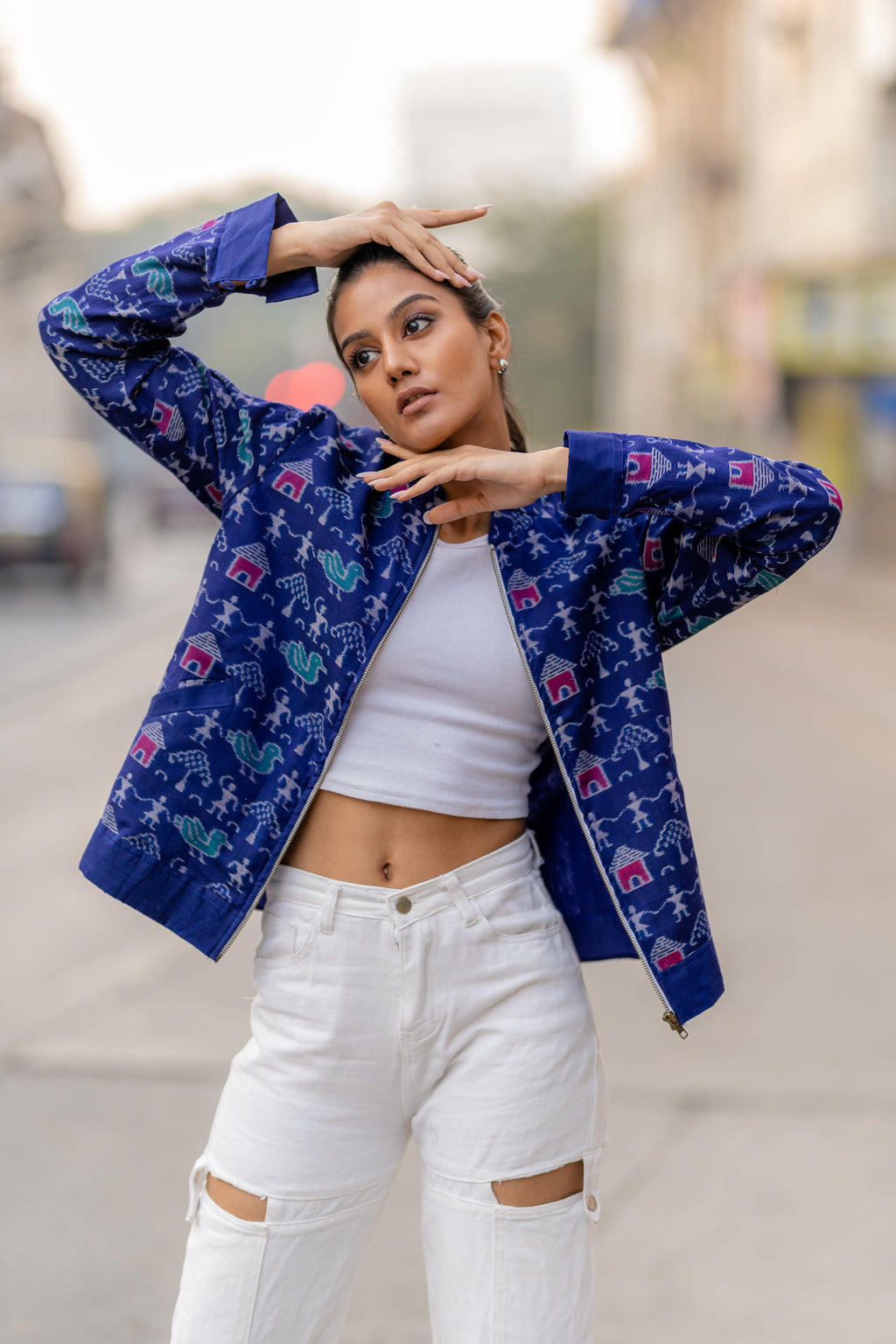 Indigo Blue Tribal Motifs Outer Wear Jacket at Kamakhyaa by Krushnachuda. This item is Blue, Handloom Cotton, Ikat Print, Jackets, Natural Dye, Organic, Outer Wear, Regular Fit