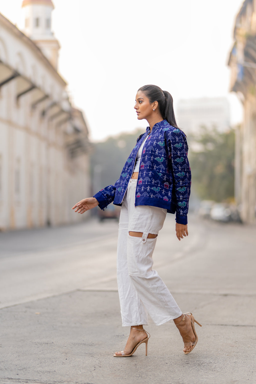 Indigo Blue Tribal Motifs Outer Wear Jacket at Kamakhyaa by Krushnachuda. This item is Blue, Handloom Cotton, Ikat Print, Jackets, Natural Dye, Organic, Outer Wear, Regular Fit