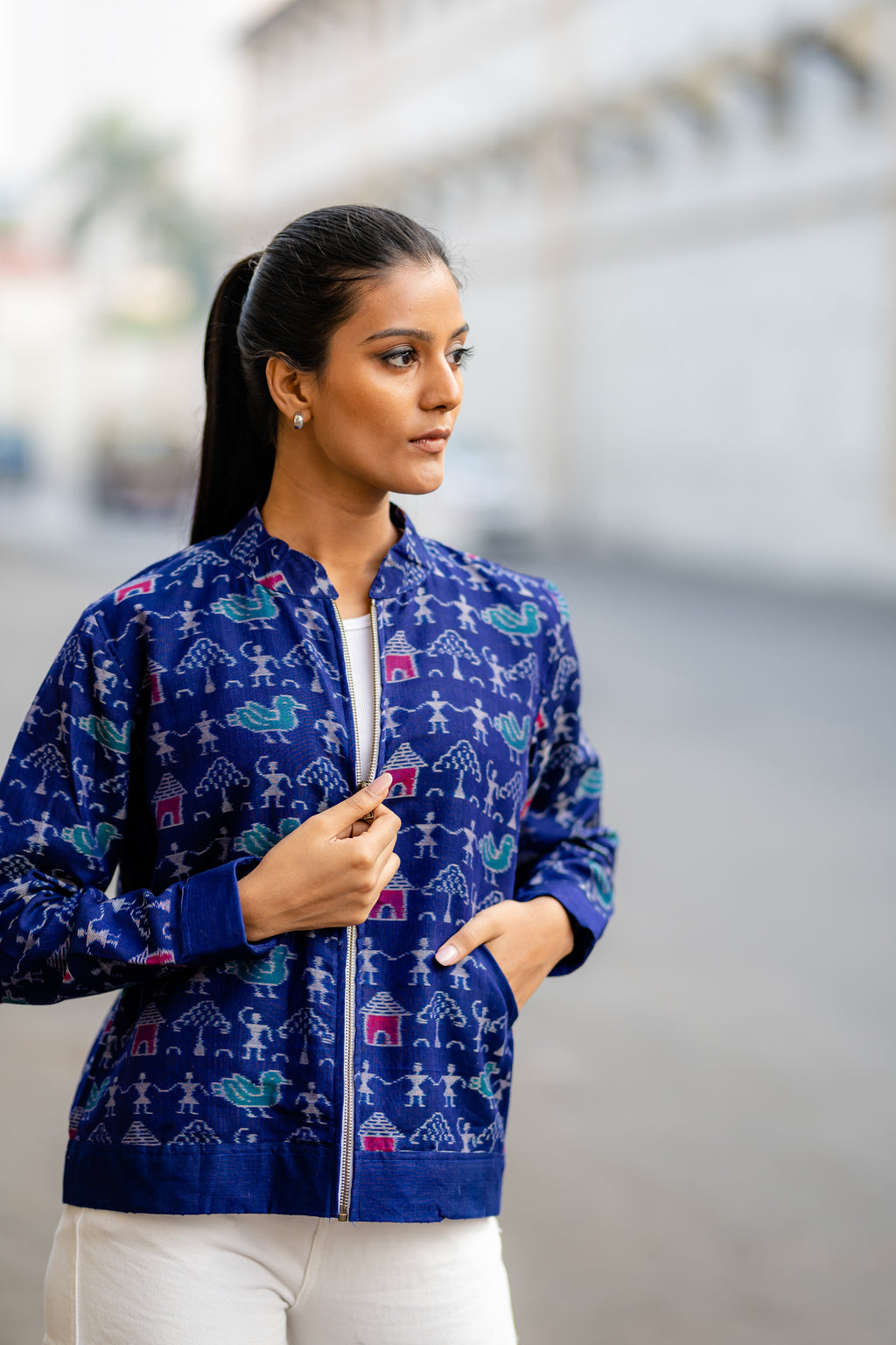 Indigo Blue Tribal Motifs Outer Wear Jacket at Kamakhyaa by Krushnachuda. This item is Blue, Handloom Cotton, Ikat Print, Jackets, Natural Dye, Organic, Outer Wear, Regular Fit
