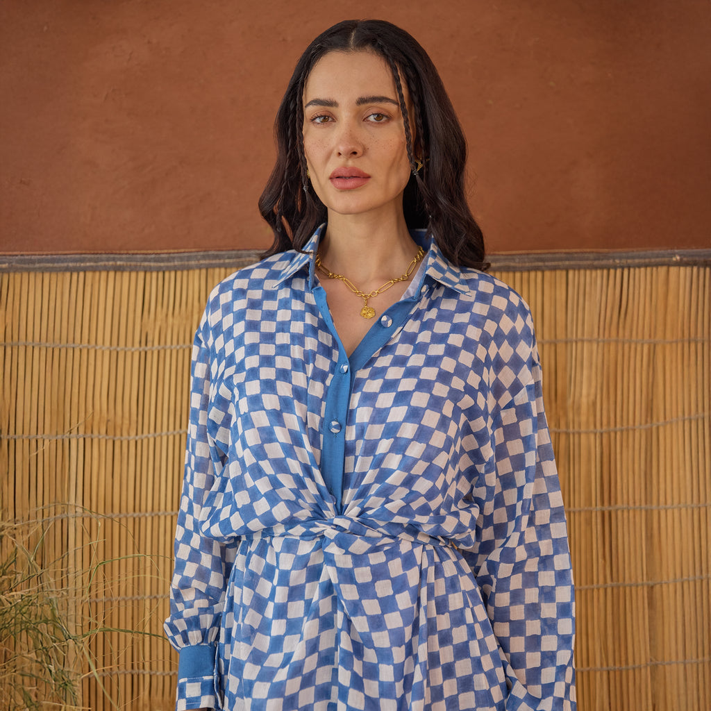 Indigo Breeze at Kamakhyaa by Taro. This item is Artisan made, Blue, Cotton Mulmul, Shirt Dresses, Under $50, Whispers of Summer by Taro