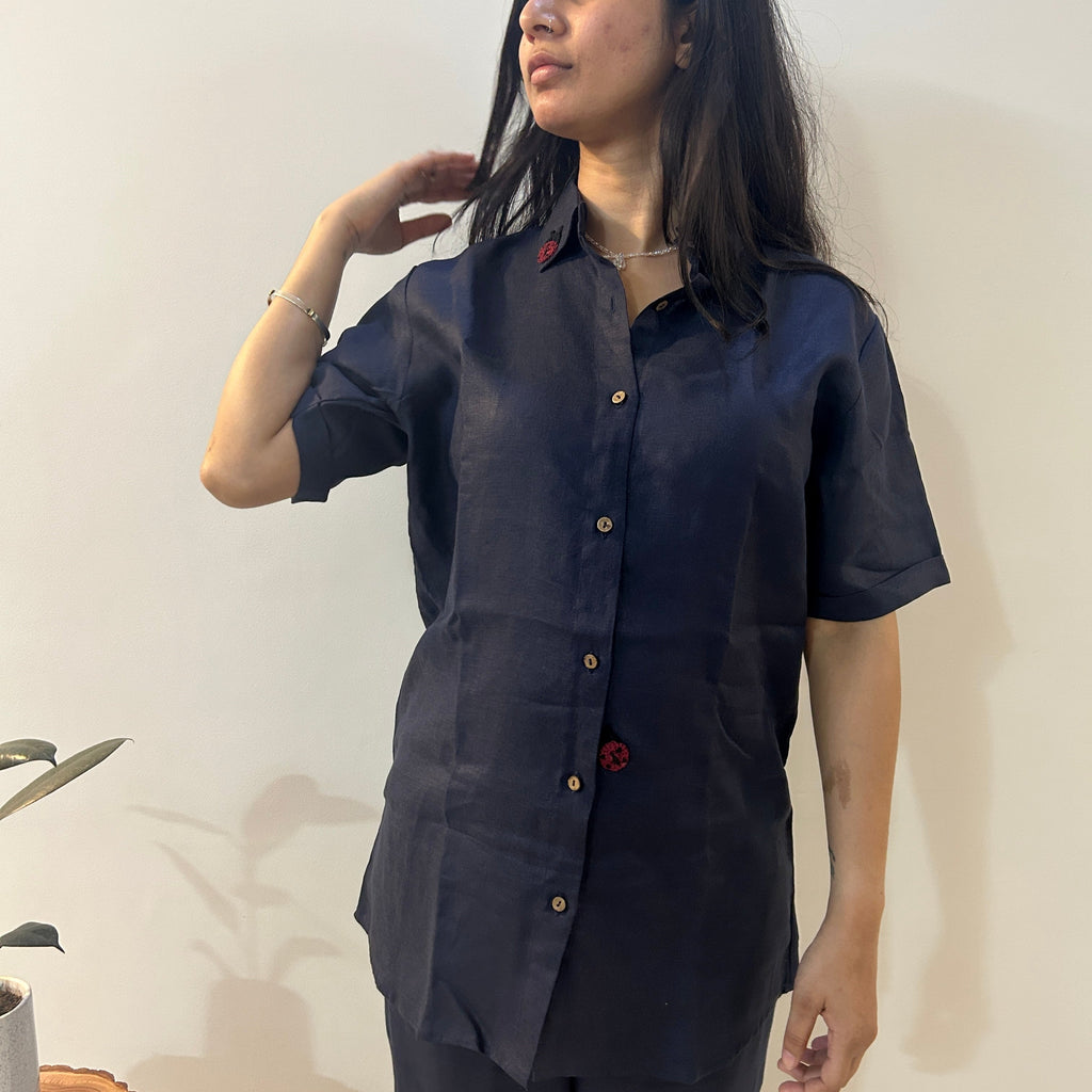 Indigo Ladybug Shirt at Kamakhyaa by Ikriit'm. This item is Bloom by Ikriit'm, Blue, Casual Wear, Crochet, Crochet Apparel, Linen, Relaxed Fit, Under $100, Womenswear