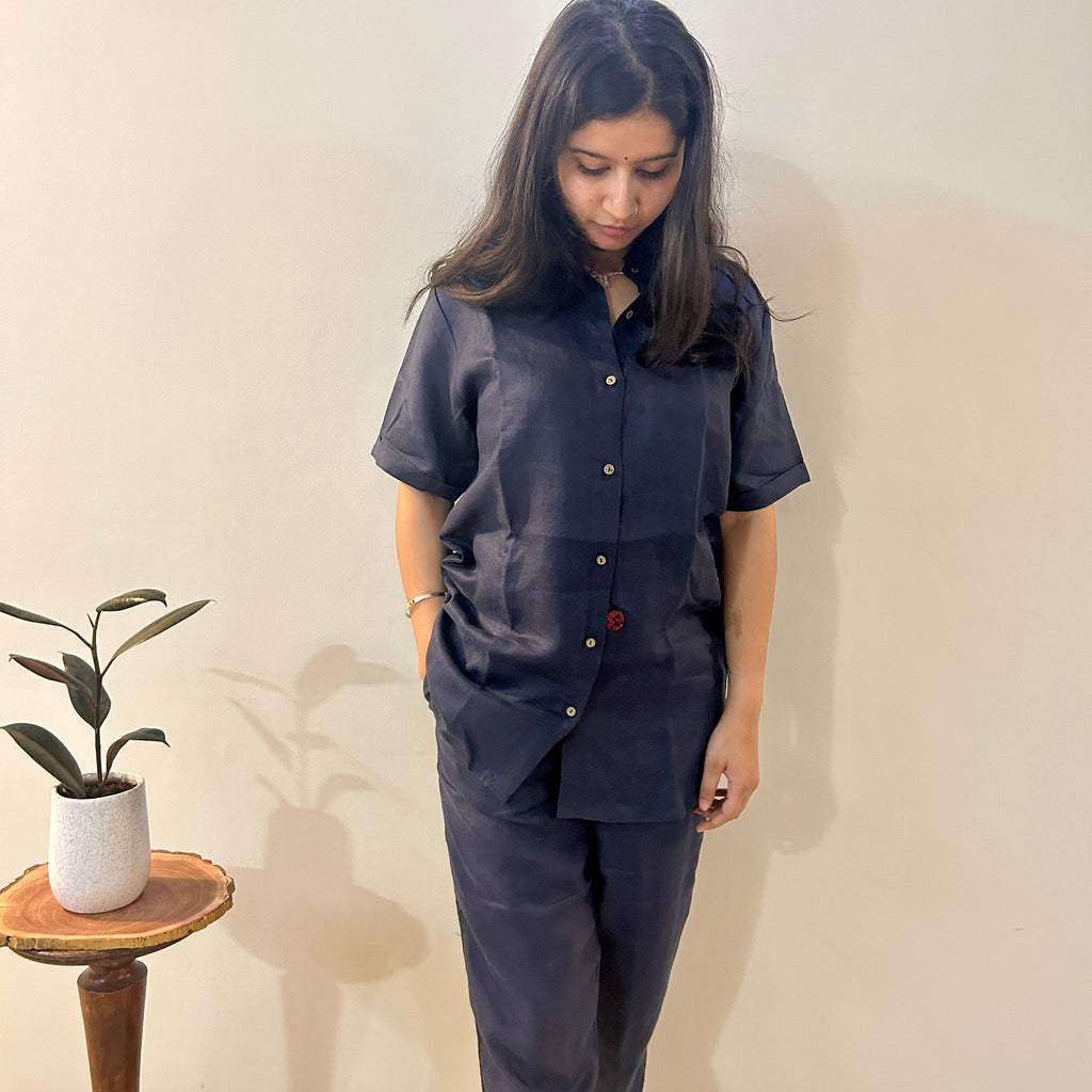 Indigo Ladybug Shirt at Kamakhyaa by Ikriit'm. This item is Bloom by Ikriit'm, Blue, Casual Wear, Crochet, Crochet Apparel, Linen, Relaxed Fit, Under $100, Womenswear