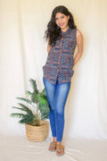 Indigo Printed Cotton Sleeveless Top at Kamakhyaa by Hasttvam. This item is Abstract Prints, Blue, Casual Wear, Console Collection List, Cotton, Everyday Edit by Hasttvam, Handmade by Artisans, Indigo, missing, Natural dyes, Relaxed Fit, Responsible production and Vegan, Sleeveless Tops, Womenswear