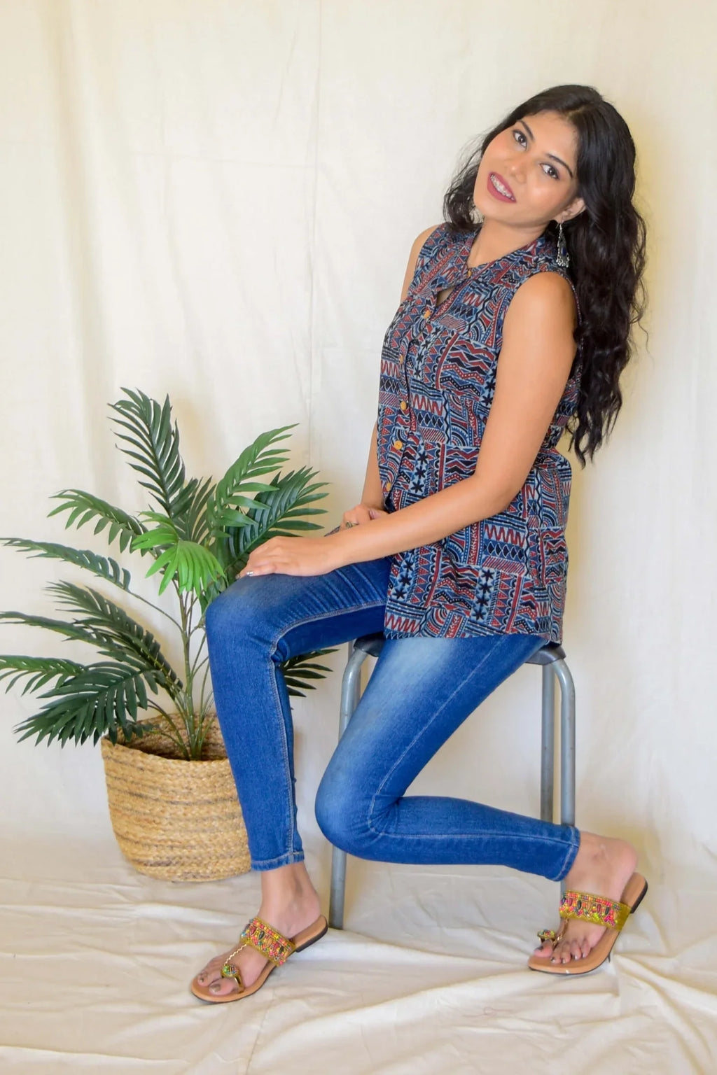 Indigo Printed Cotton Sleeveless Top at Kamakhyaa by Hasttvam. This item is Abstract Prints, Blue, Casual Wear, Console Collection List, Cotton, Everyday Edit by Hasttvam, Handmade by Artisans, Indigo, missing, Natural dyes, Relaxed Fit, Responsible production and Vegan, Sleeveless Tops, Womenswear