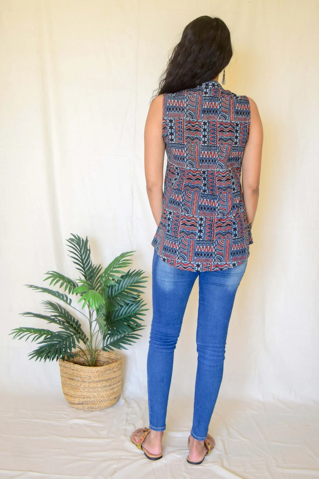 Indigo Printed Cotton Sleeveless Top at Kamakhyaa by Hasttvam. This item is Abstract Prints, Blue, Casual Wear, Console Collection List, Cotton, Everyday Edit by Hasttvam, Handmade by Artisans, Indigo, missing, Natural dyes, Relaxed Fit, Responsible production and Vegan, Sleeveless Tops, Womenswear