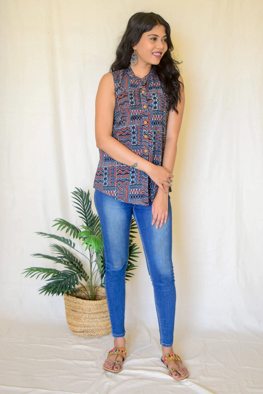 Indigo Printed Cotton Sleeveless Top at Kamakhyaa by Hasttvam. This item is Abstract Prints, Blue, Casual Wear, Console Collection List, Cotton, Everyday Edit by Hasttvam, Handmade by Artisans, Indigo, missing, Natural dyes, Relaxed Fit, Responsible production and Vegan, Sleeveless Tops, Womenswear