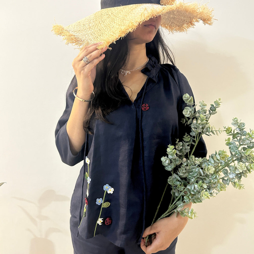 Indigo Serene Stich Linen Top at Kamakhyaa by Ikriit'm. This item is Bloom by Ikriit'm, Blue, Casual Wear, Crochet, Crochet Apparel, Linen, Relaxed Fit, Under $100, Womenswear