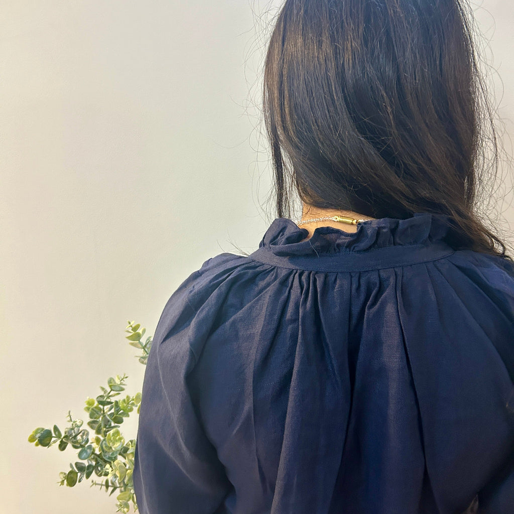 Indigo Serene Stich Linen Top at Kamakhyaa by Ikriit'm. This item is Bloom by Ikriit'm, Blue, Casual Wear, Crochet, Crochet Apparel, Linen, Relaxed Fit, Under $100, Womenswear