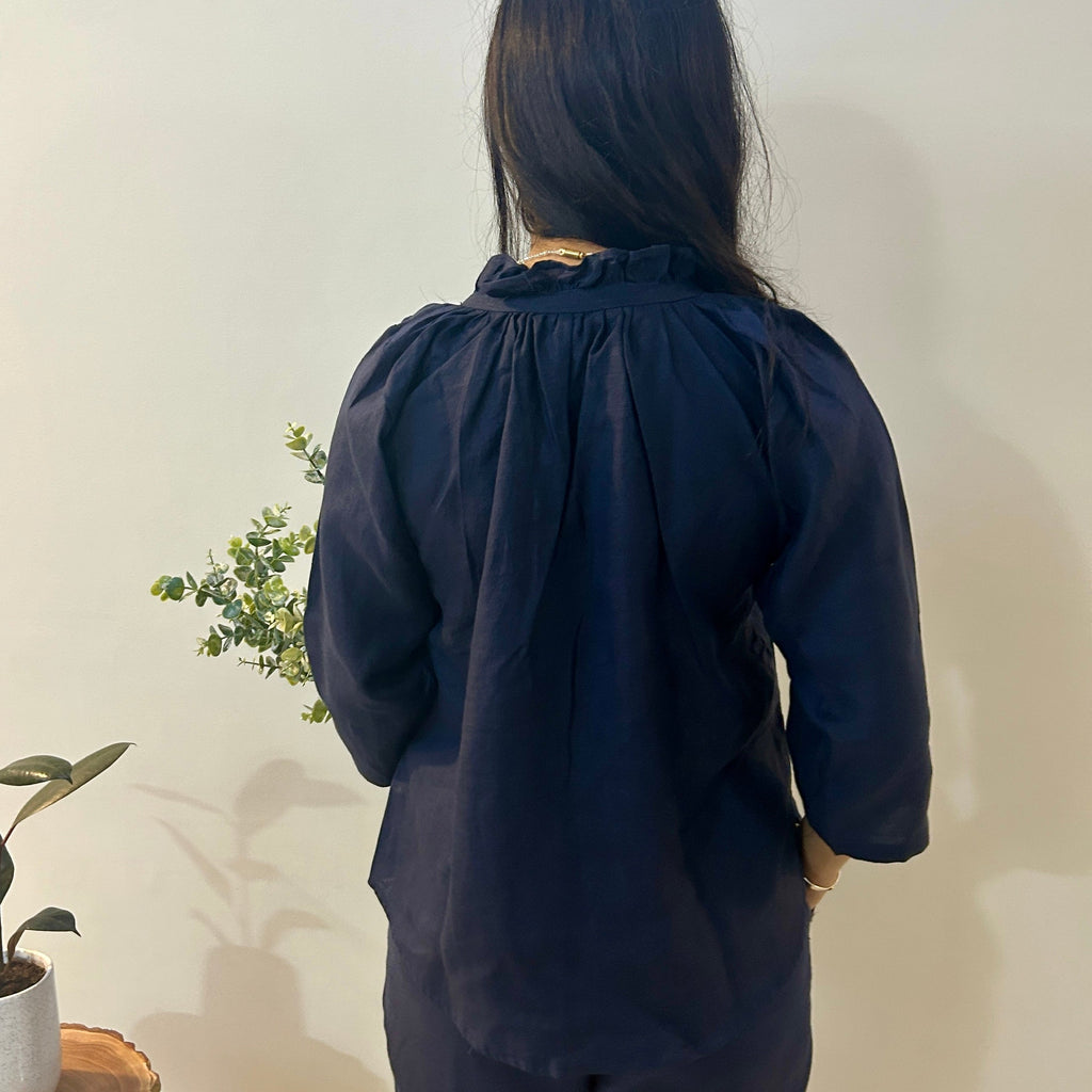 Indigo Serene Stich Linen Top at Kamakhyaa by Ikriit'm. This item is Bloom by Ikriit'm, Blue, Casual Wear, Crochet, Crochet Apparel, Linen, Relaxed Fit, Under $100, Womenswear