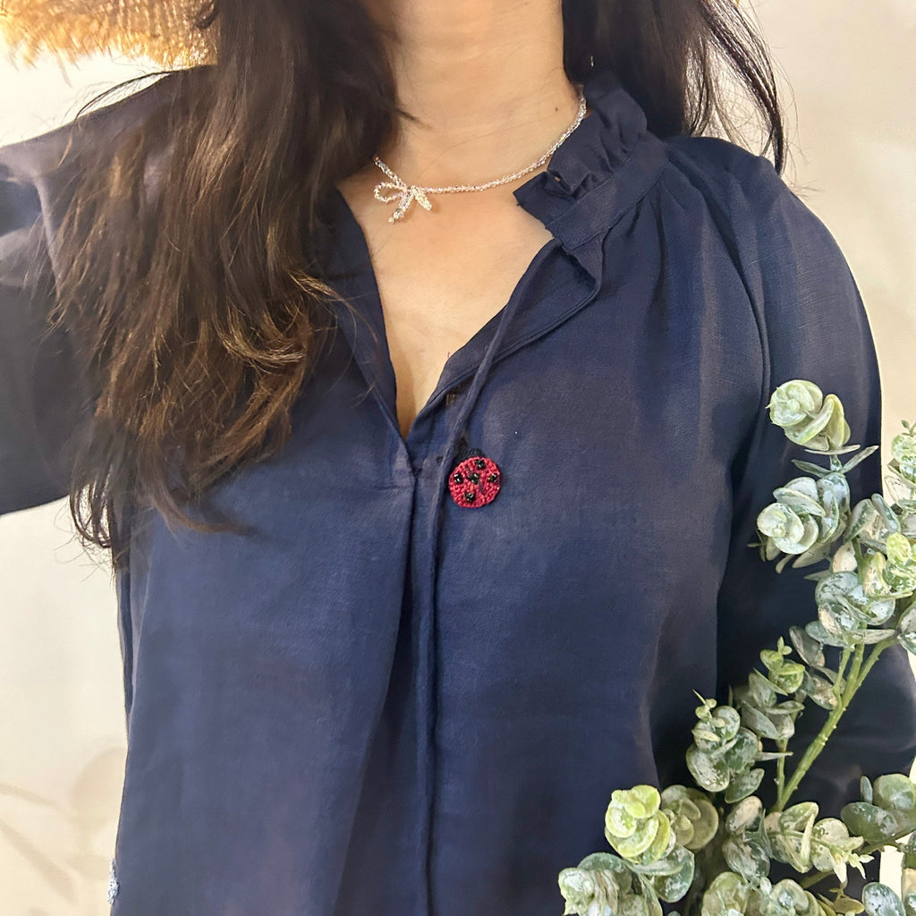 Indigo Serene Stich Linen Top at Kamakhyaa by Ikriit'm. This item is Bloom by Ikriit'm, Blue, Casual Wear, Crochet, Crochet Apparel, Linen, Relaxed Fit, Under $100, Womenswear