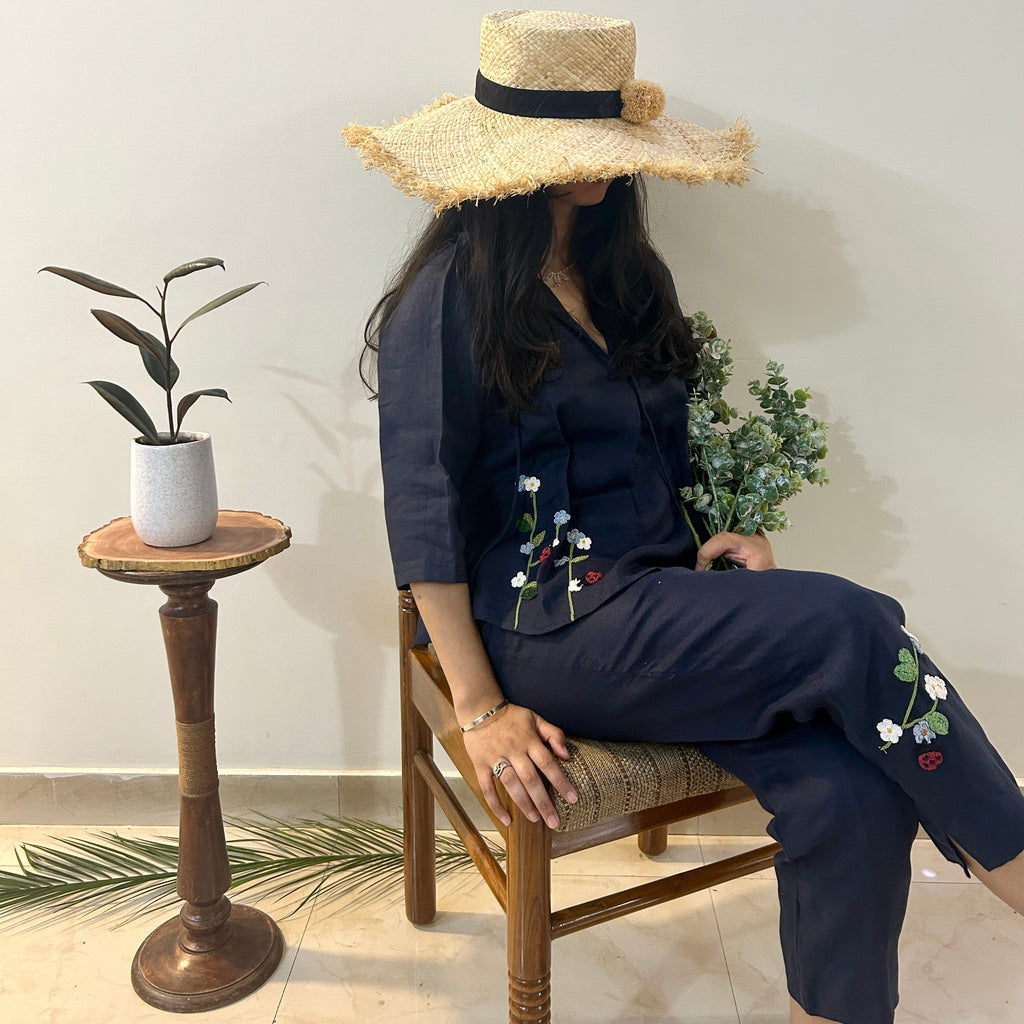 Indigo Serene Stich Linen Top & Trouser Set at Kamakhyaa by Ikriit'm. This item is Bloom by Ikriit'm, Blue, Casual Wear, Crochet, Crochet Apparel, Linen, Relaxed Fit, Under $150, Womenswear