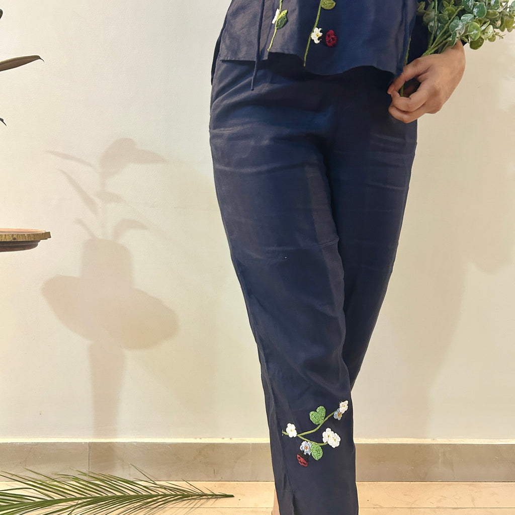 Indigo Serene Stich Linen Top & Trouser Set at Kamakhyaa by Ikriit'm. This item is Bloom by Ikriit'm, Blue, Casual Wear, Crochet, Crochet Apparel, Linen, Relaxed Fit, Under $150, Womenswear