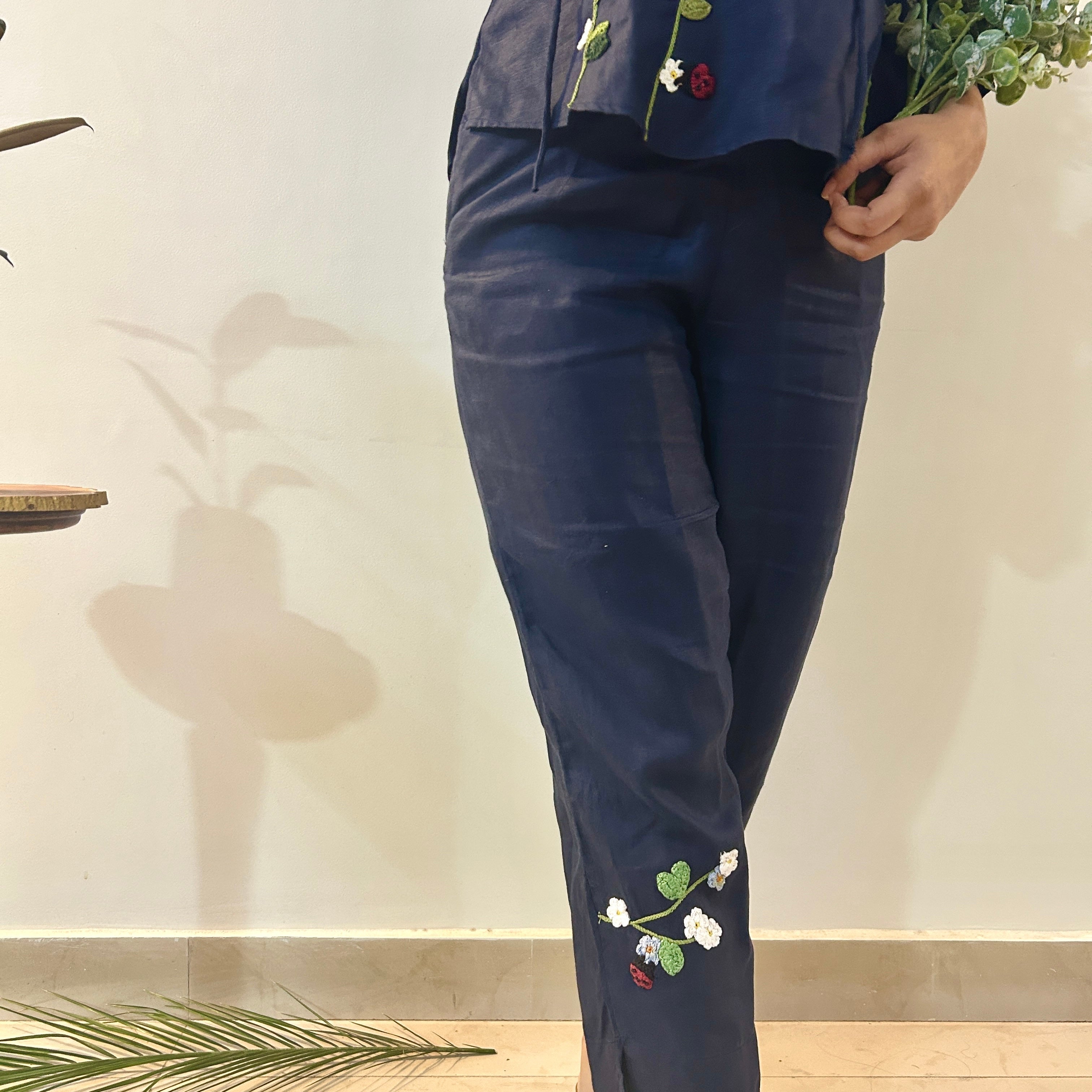 Indigo Serene Stich Linen Top & Trouser Set at Kamakhyaa by Ikriit'm. This item is Bloom by Ikriit'm, Blue, Casual Wear, Crochet, Crochet Apparel, Linen, Relaxed Fit, Under $150, Womenswear