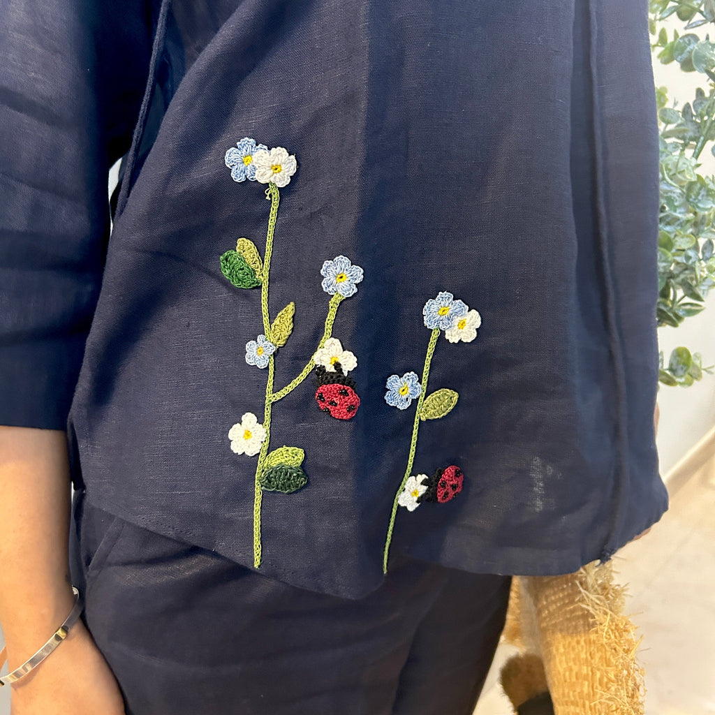 Indigo Serene Stich Linen Top & Trouser Set at Kamakhyaa by Ikriit'm. This item is Bloom by Ikriit'm, Blue, Casual Wear, Crochet, Crochet Apparel, Linen, Relaxed Fit, Under $150, Womenswear