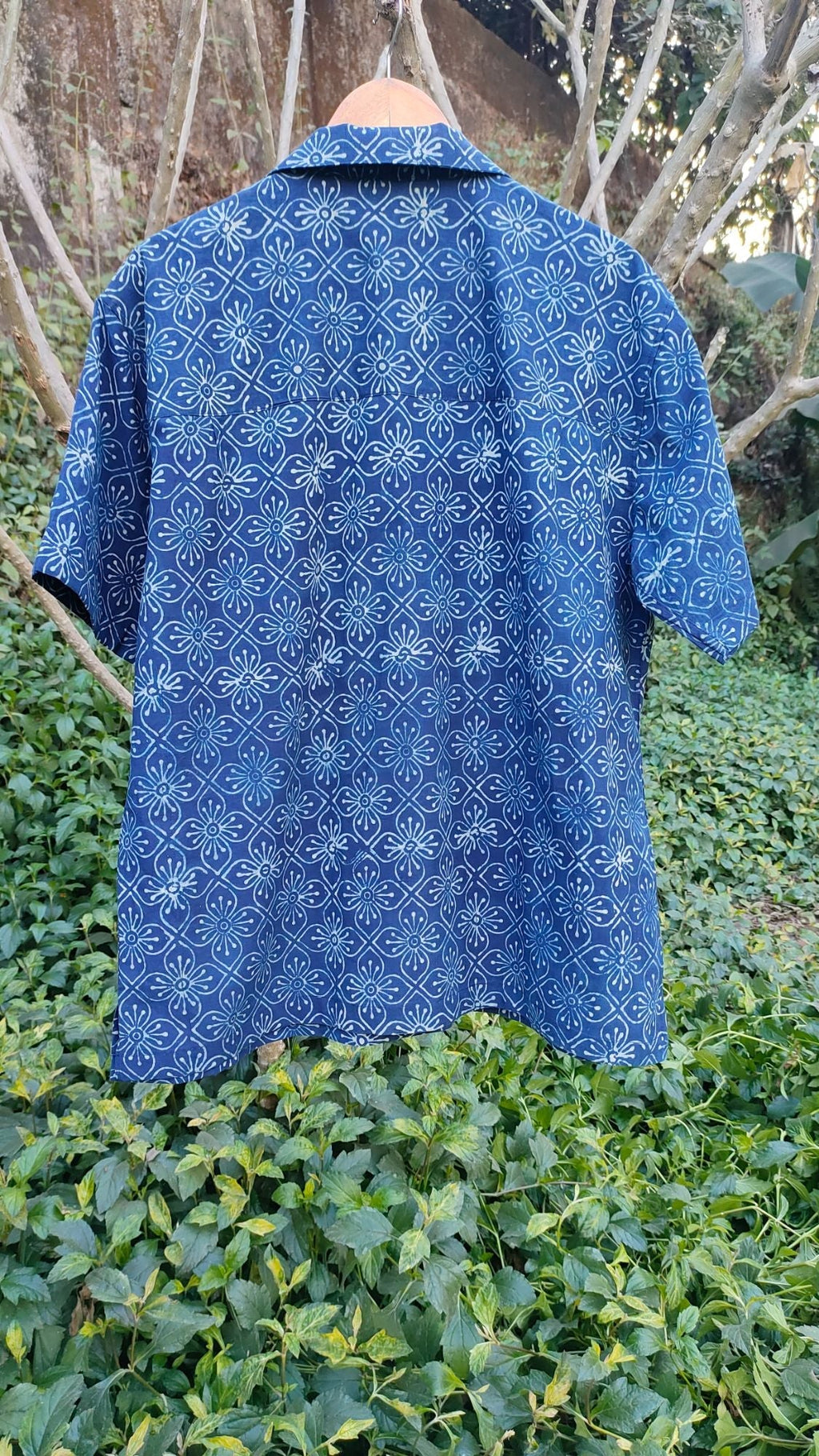 Iris Blue Shirt for Men at Kamakhyaa by Hasttvam. This item is Casual Wear, Console Collection List, Cotton, Floral, Handmade by Artisans, Indigo, missing, Natural dyes, Rang by Hasttvam, Relaxed Fit, Respondible production and Vegan