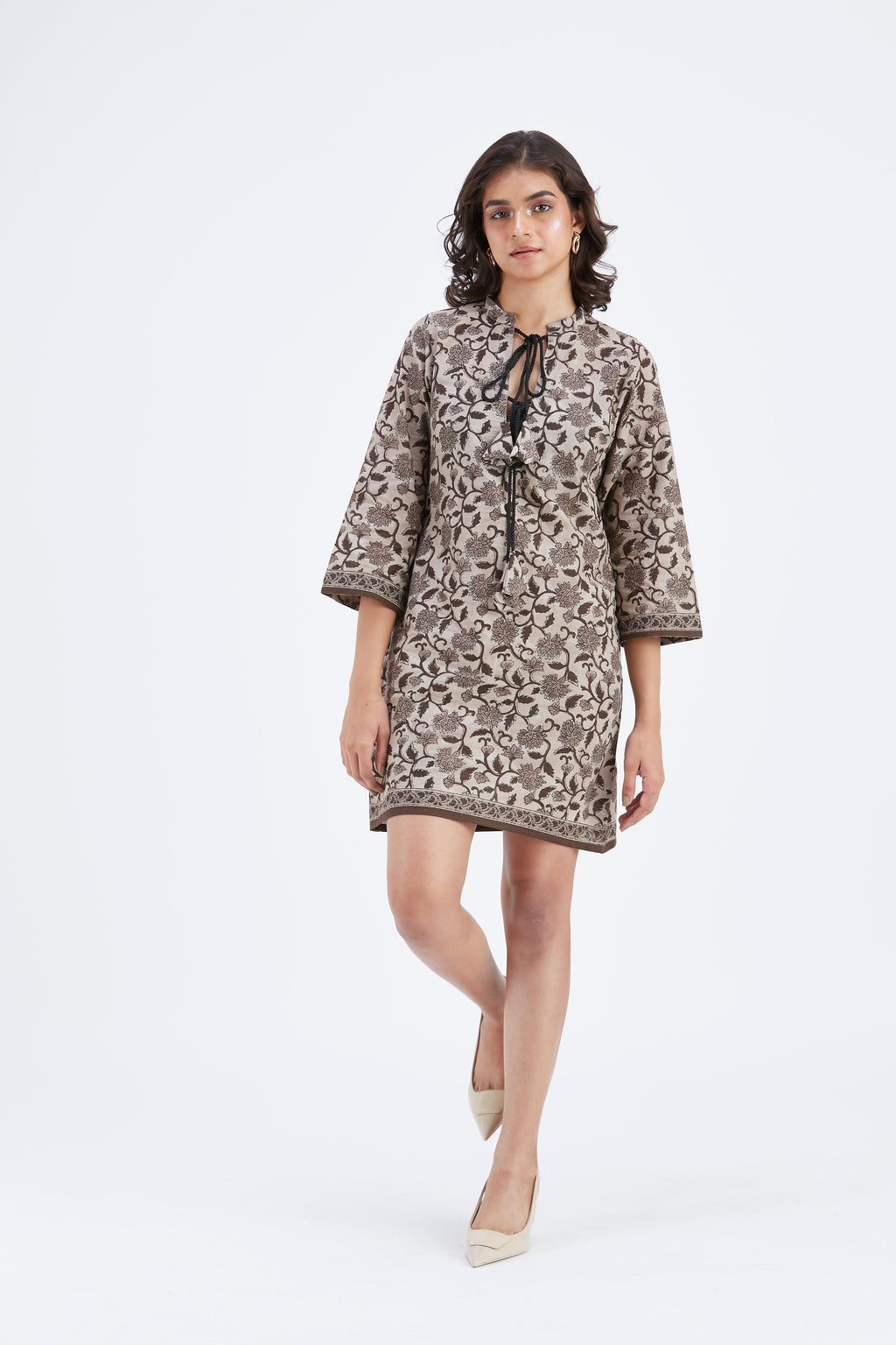 Isla Beige Floral Hand Printed Kota Dress at Kamakhyaa by Hasttvam. This item is Beige, Ete by Hasttvam, Floral Prints, Fusion Wear, Hand Printed, Kota Doria, Under $200, Womenswear