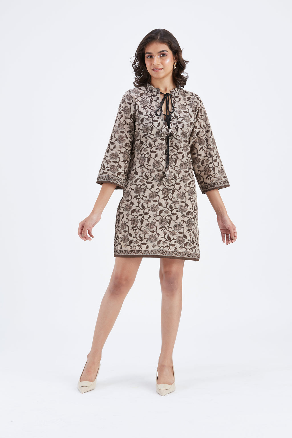 Isla Beige Floral Hand Printed Kota Dress at Kamakhyaa by Hasttvam. This item is Beige, Ete by Hasttvam, Floral Prints, Fusion Wear, Hand Printed, Kota Doria, Under $200, Womenswear