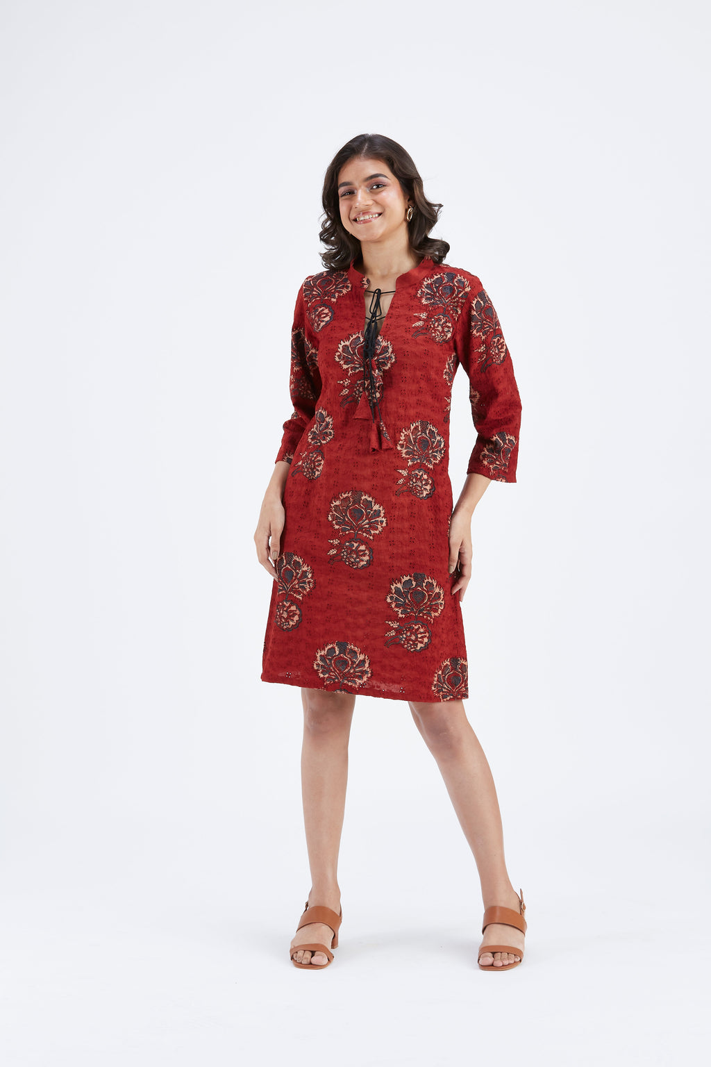 Isla Red Floral Hand Printed Kota Dress at Kamakhyaa by Hasttvam. This item is Ete by Hasttvam, Floral Prints, Fusion Wear, Hand Printed, Kota Doria, Red, Under $200, Womenswear