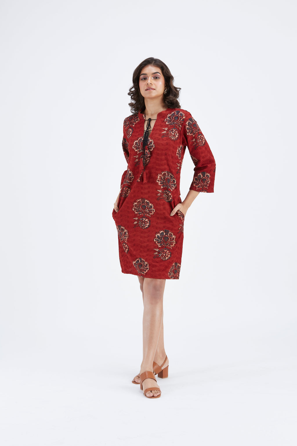 Isla Red Floral Hand Printed Kota Dress at Kamakhyaa by Hasttvam. This item is Ete by Hasttvam, Floral Prints, Fusion Wear, Hand Printed, Kota Doria, Red, Under $200, Womenswear