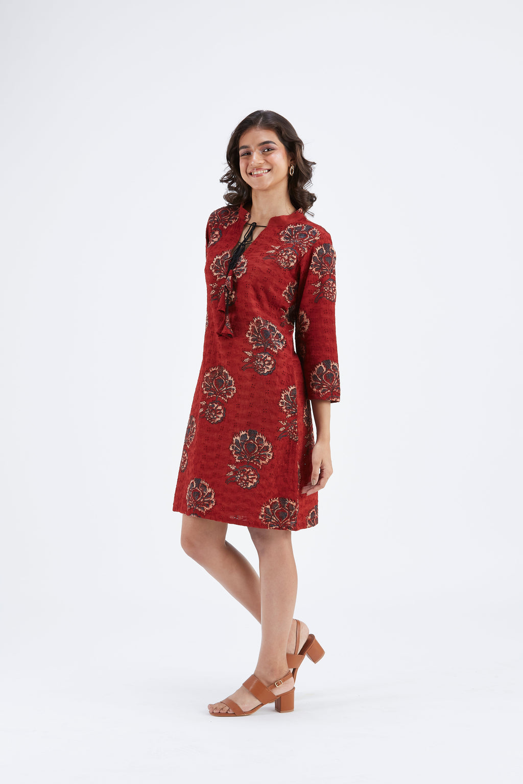Isla Red Floral Hand Printed Kota Dress at Kamakhyaa by Hasttvam. This item is Ete by Hasttvam, Floral Prints, Fusion Wear, Hand Printed, Kota Doria, Red, Under $200, Womenswear