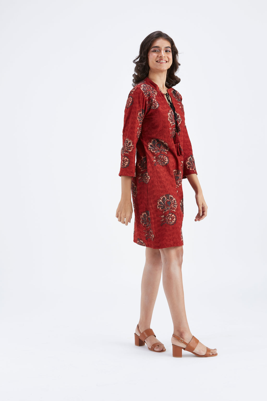 Isla Red Floral Hand Printed Kota Dress at Kamakhyaa by Hasttvam. This item is Ete by Hasttvam, Floral Prints, Fusion Wear, Hand Printed, Kota Doria, Red, Under $200, Womenswear