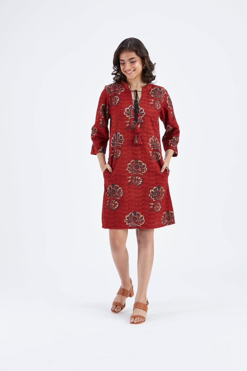 Isla Red Floral Hand Printed Kota Dress at Kamakhyaa by Hasttvam. This item is Ete by Hasttvam, Floral Prints, Fusion Wear, Hand Printed, Kota Doria, Red, Under $200, Womenswear