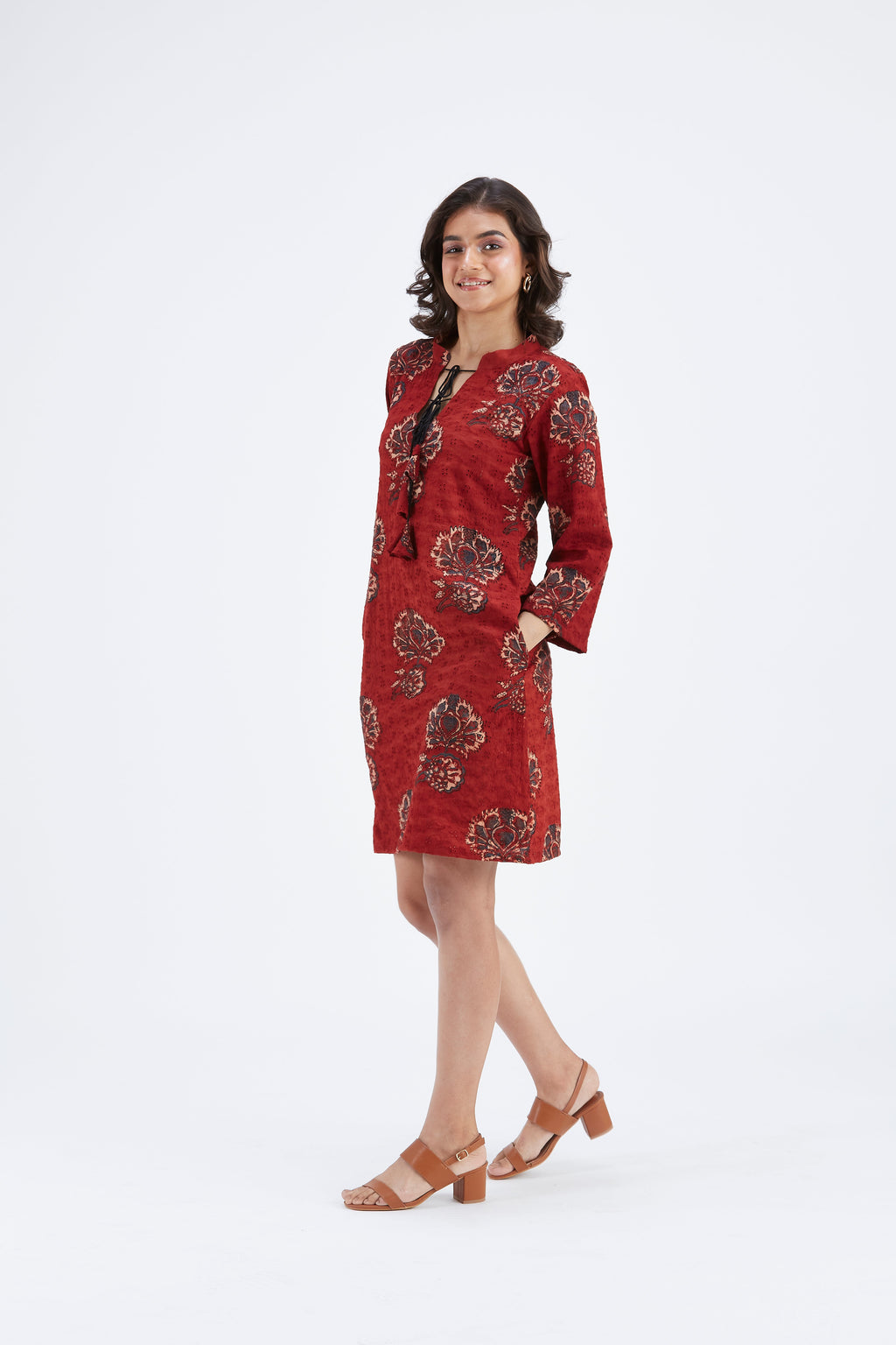 Isla Red Floral Hand Printed Kota Dress at Kamakhyaa by Hasttvam. This item is Ete by Hasttvam, Floral Prints, Fusion Wear, Hand Printed, Kota Doria, Red, Under $200, Womenswear