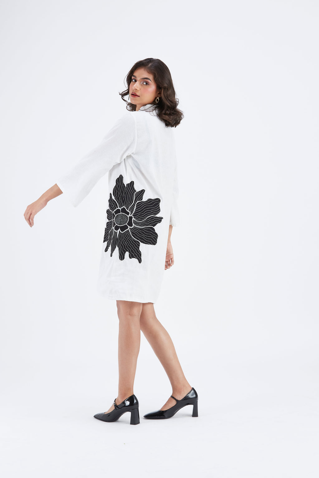 Isla WhiteFloral Hand Printed Cotton Dress at Kamakhyaa by Hasttvam. This item is Cotton, Ete by Hasttvam, Floral Prints, Fusion Wear, Hand Printed, Under $200, White, Womenswear