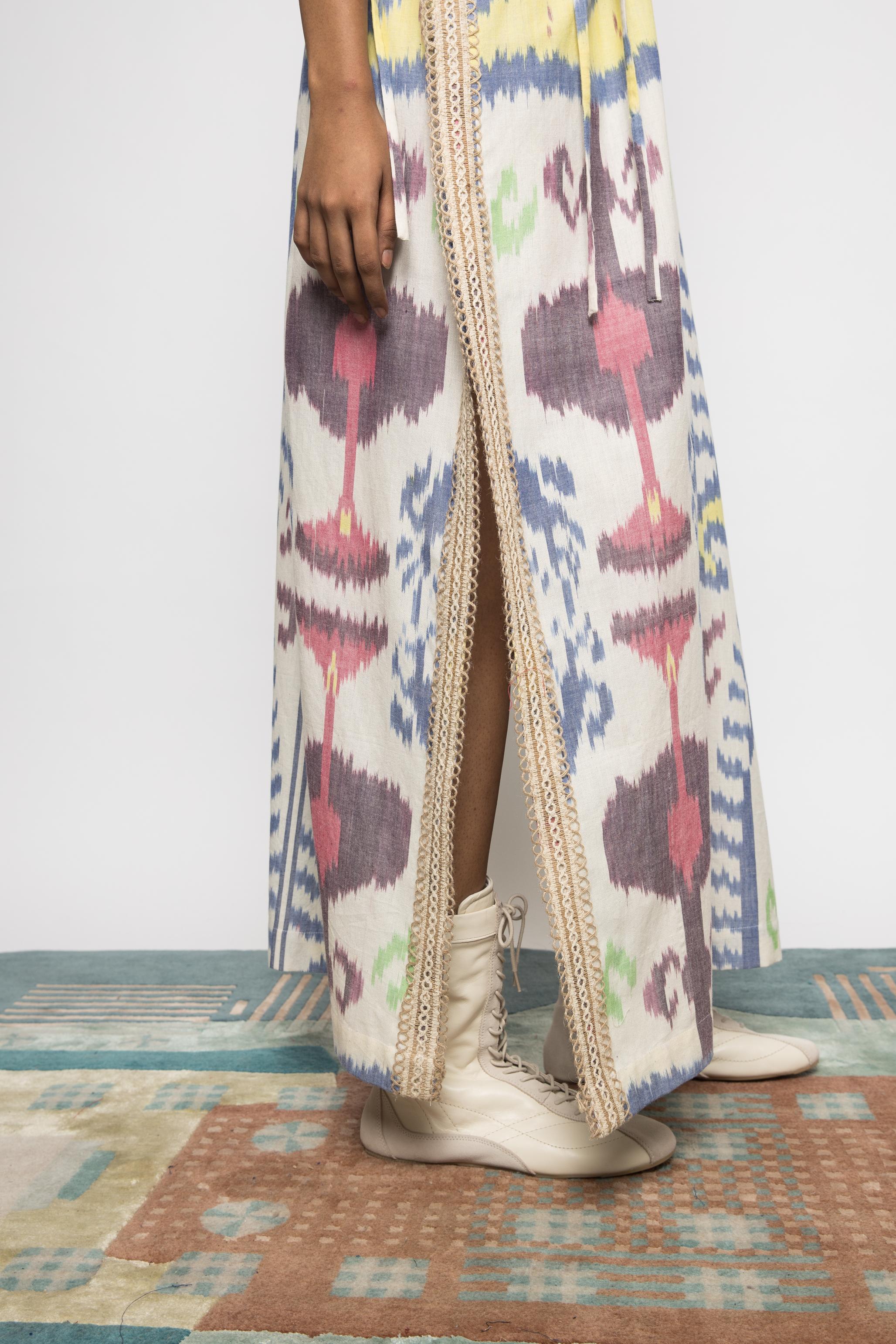 Island Breeze Kaftan at kamakhyaa.com by Anushé Pirani. This item is 100% Cotton, Beach Wear, Brunch Wear, Casual Wear, Console Collection List, Cotton, Fresh Ink by Anushe Pirani, Handwoven cotton, Ikat Prints, Multicolor, Regular Fit, Resort Wear, Vacation Wear, Womenswear