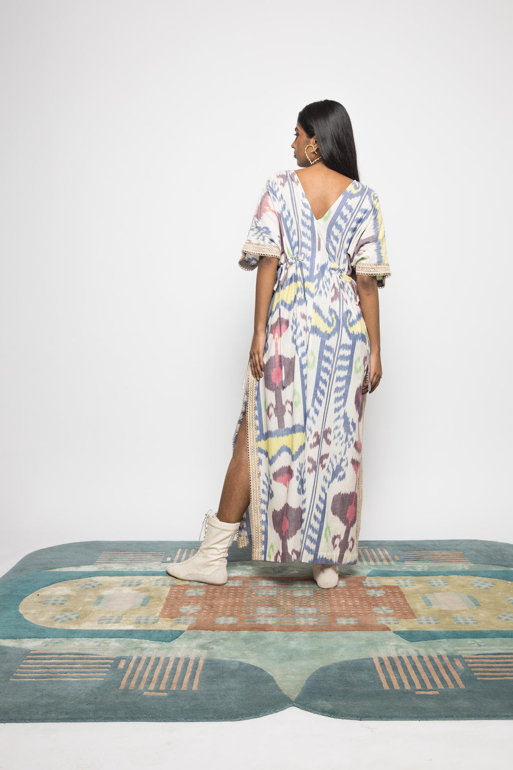 Island Breeze Kaftan at kamakhyaa.com by Anushé Pirani. This item is 100% Cotton, Beach Wear, Brunch Wear, Casual Wear, Console Collection List, Cotton, Fresh Ink by Anushe Pirani, Handwoven cotton, Ikat Prints, Multicolor, Regular Fit, Resort Wear, Vacation Wear, Womenswear