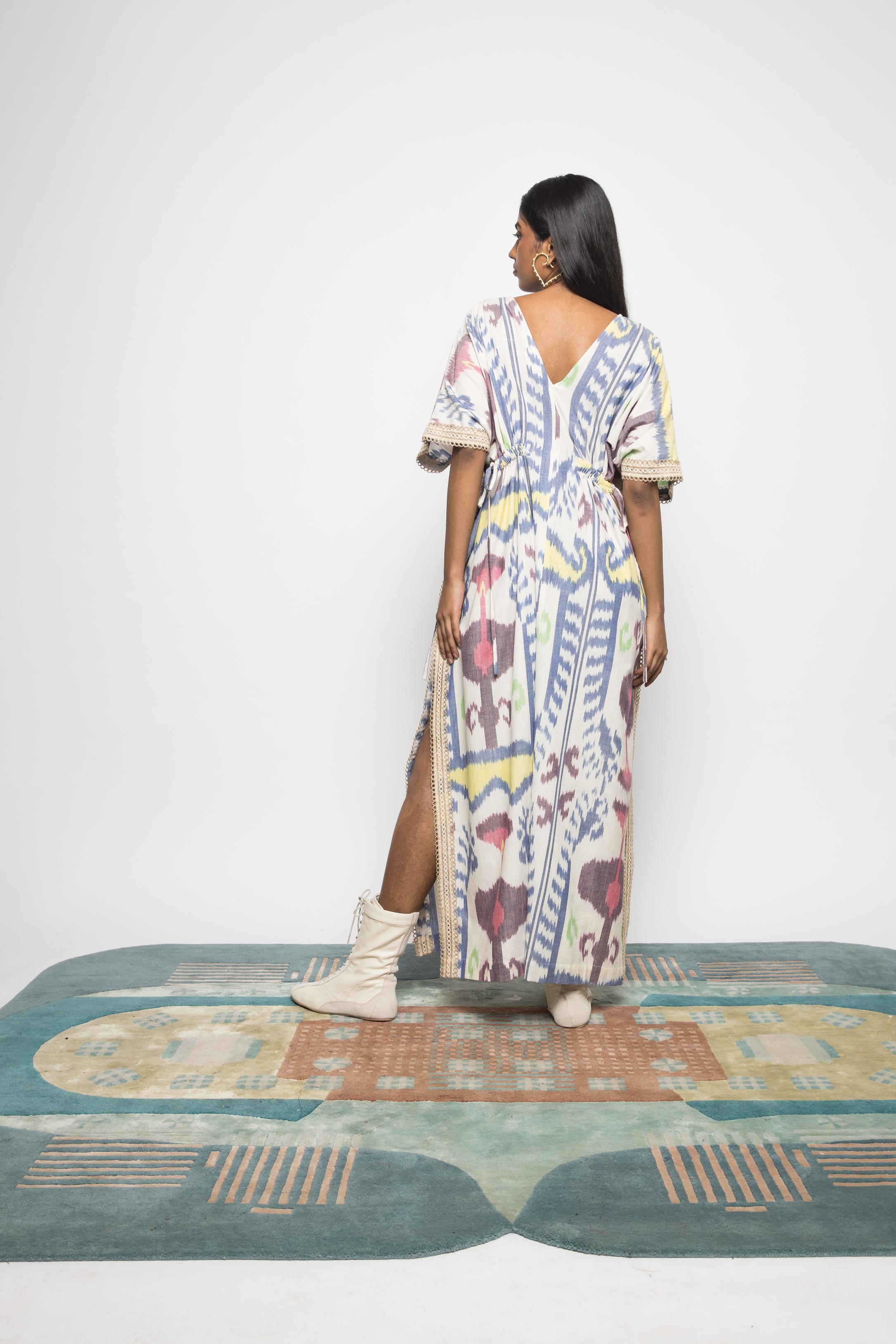 Island Breeze Kaftan at kamakhyaa.com by Anushé Pirani. This item is 100% Cotton, Beach Wear, Brunch Wear, Casual Wear, Console Collection List, Cotton, Fresh Ink by Anushe Pirani, Handwoven cotton, Ikat Prints, Multicolor, Regular Fit, Resort Wear, Vacation Wear, Womenswear