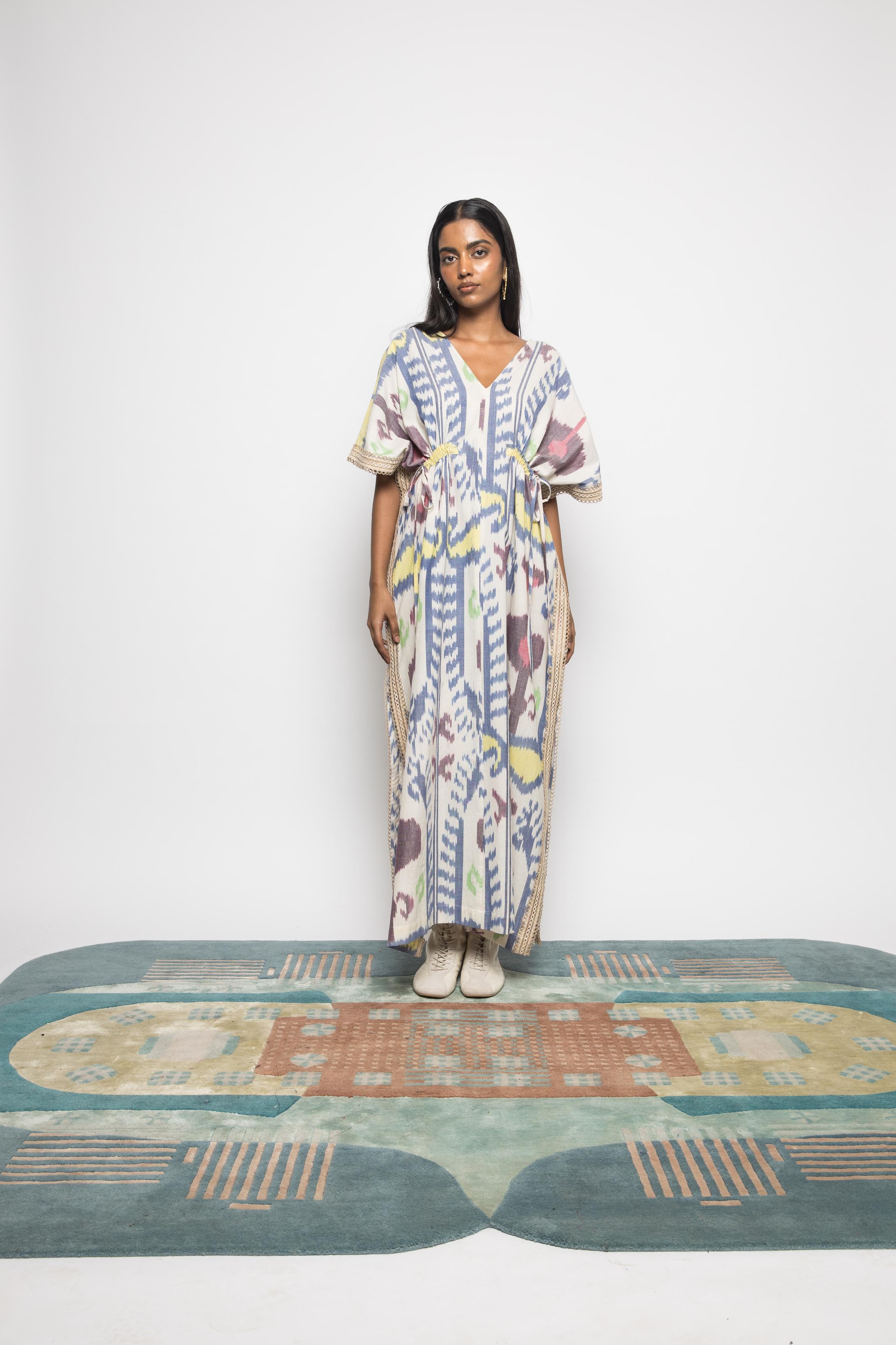 Island Breeze Kaftan at kamakhyaa.com by Anushé Pirani. This item is 100% Cotton, Beach Wear, Brunch Wear, Casual Wear, Console Collection List, Cotton, Fresh Ink by Anushe Pirani, Handwoven cotton, Ikat Prints, Multicolor, Regular Fit, Resort Wear, Vacation Wear, Womenswear