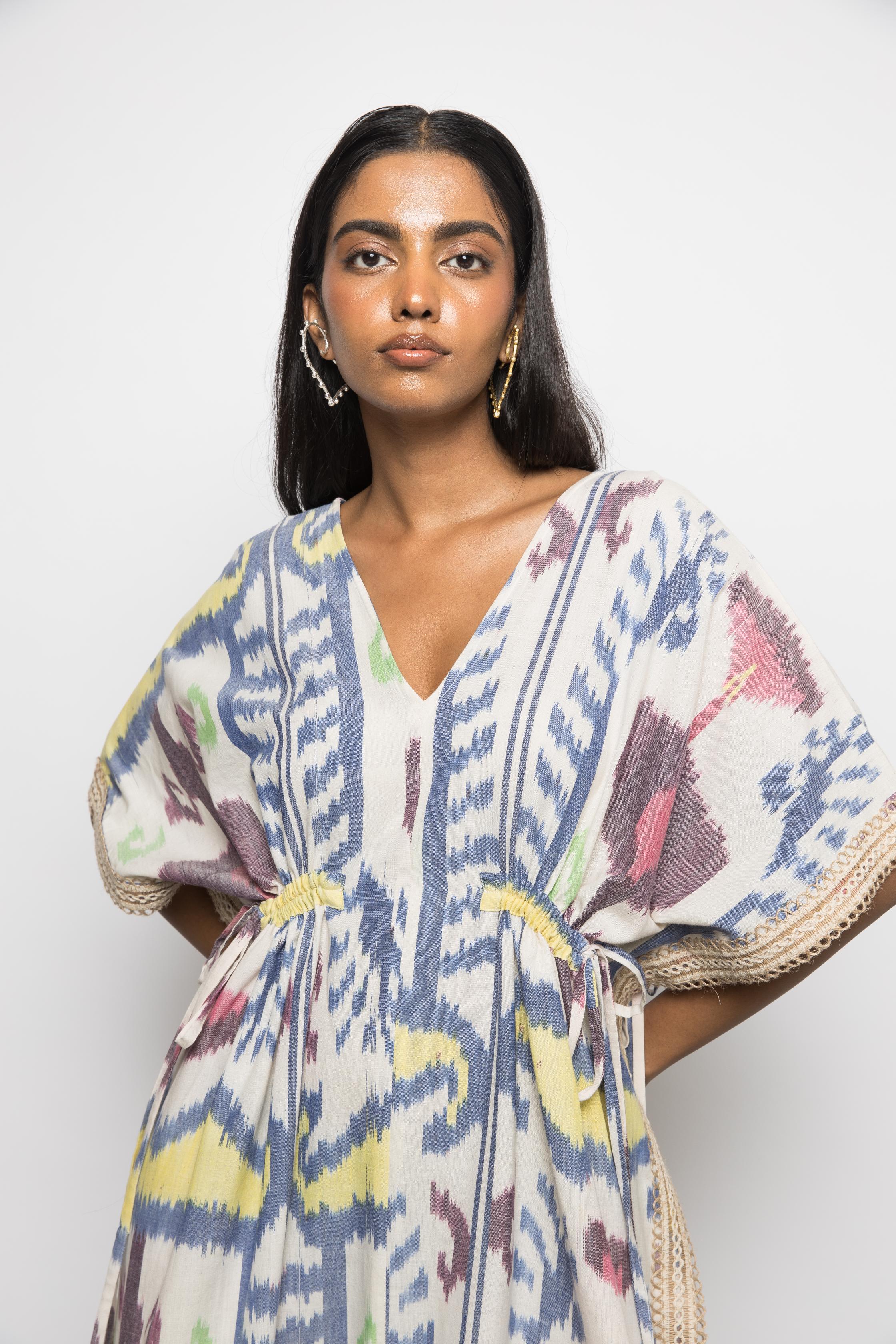 Island Breeze Kaftan at kamakhyaa.com by Anushé Pirani. This item is 100% Cotton, Beach Wear, Brunch Wear, Casual Wear, Console Collection List, Cotton, Fresh Ink by Anushe Pirani, Handwoven cotton, Ikat Prints, Multicolor, Regular Fit, Resort Wear, Vacation Wear, Womenswear