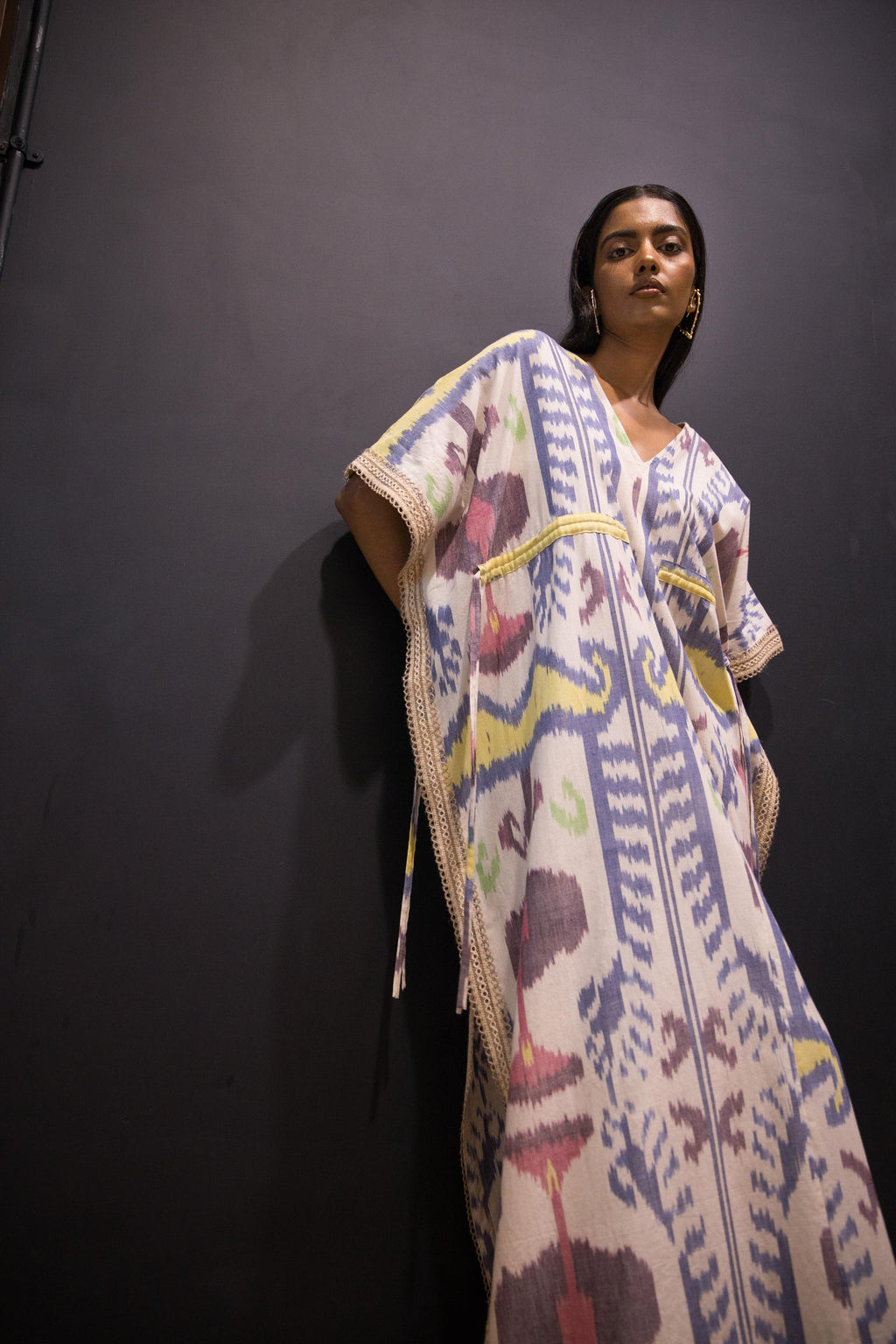 Island Breeze Kaftan at kamakhyaa.com by Anushé Pirani. This item is 100% Cotton, Beach Wear, Brunch Wear, Casual Wear, Console Collection List, Cotton, Fresh Ink by Anushe Pirani, Handwoven cotton, Ikat Prints, Multicolor, Regular Fit, Resort Wear, Vacation Wear, Womenswear
