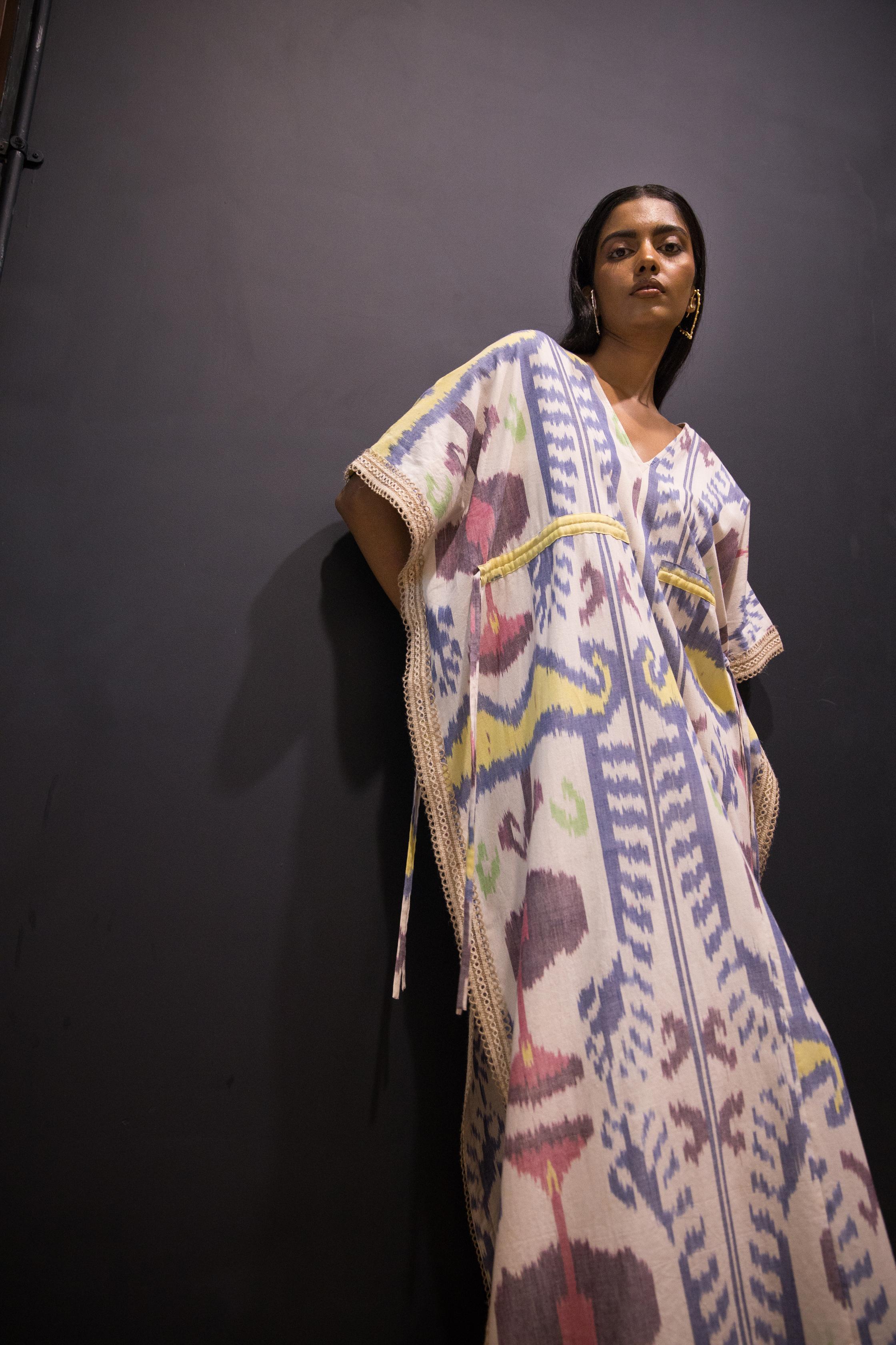 Island Breeze Kaftan at kamakhyaa.com by Anushé Pirani. This item is 100% Cotton, Beach Wear, Brunch Wear, Casual Wear, Console Collection List, Cotton, Fresh Ink by Anushe Pirani, Handwoven cotton, Ikat Prints, Multicolor, Regular Fit, Resort Wear, Vacation Wear, Womenswear