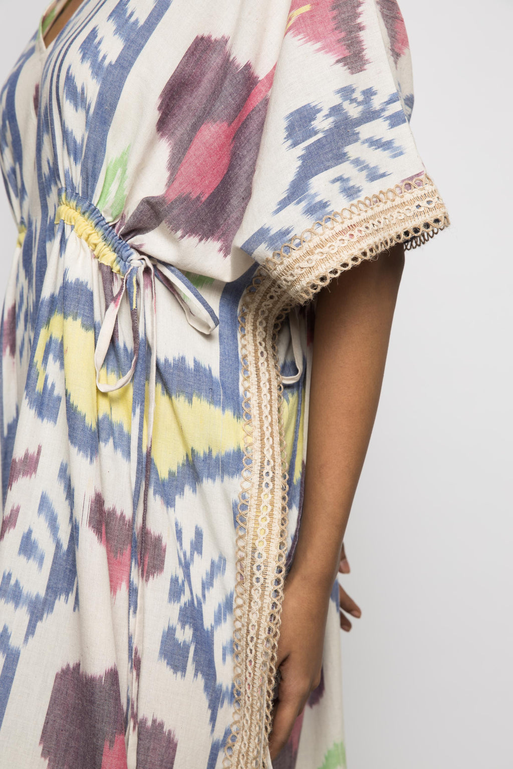Island Breeze Kaftan at kamakhyaa.com by Anushé Pirani. This item is 100% Cotton, Beach Wear, Brunch Wear, Casual Wear, Console Collection List, Cotton, Fresh Ink by Anushe Pirani, Handwoven cotton, Ikat Prints, Multicolor, Regular Fit, Resort Wear, Vacation Wear, Womenswear