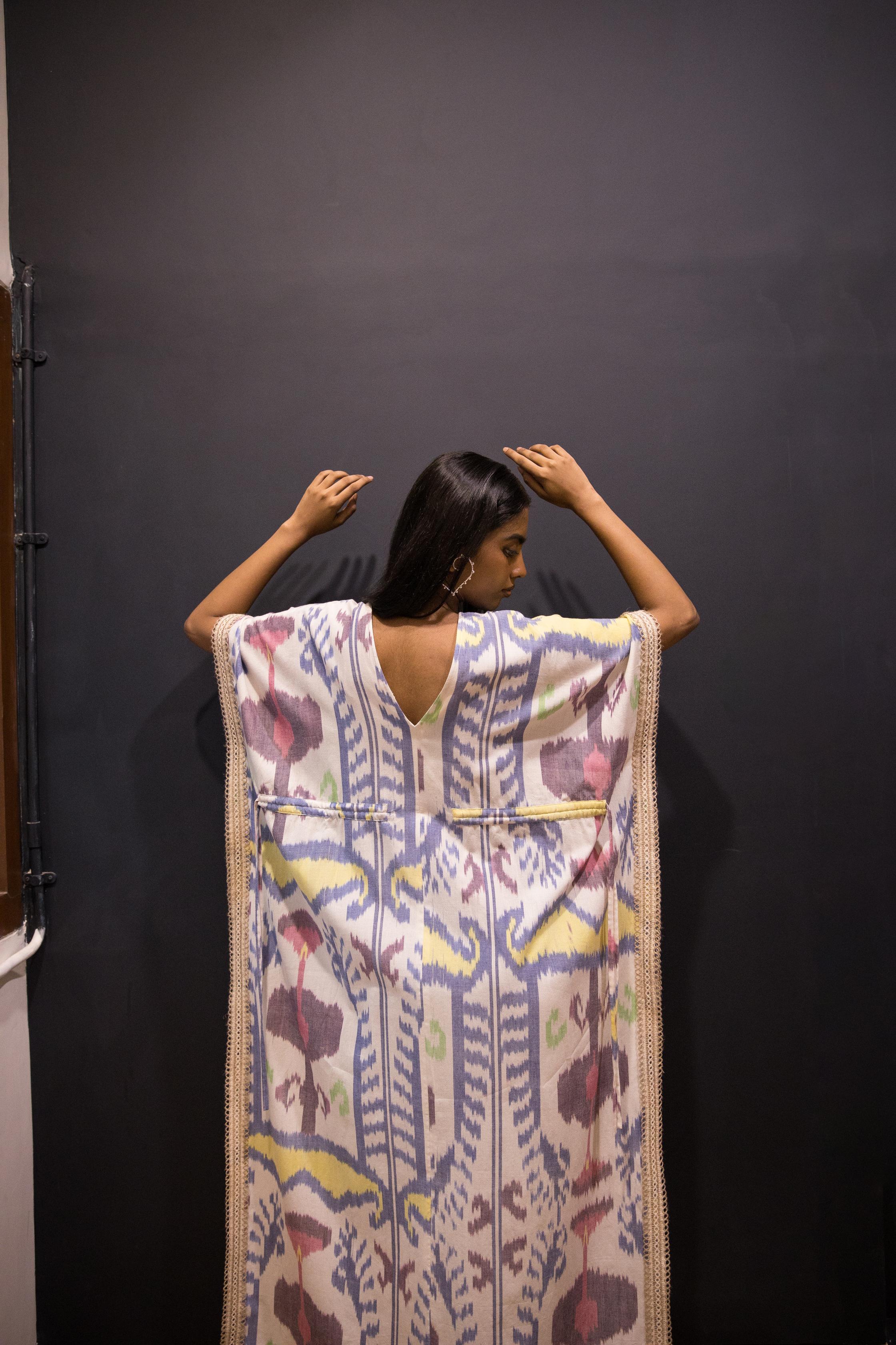 Island Breeze Kaftan at kamakhyaa.com by Anushé Pirani. This item is 100% Cotton, Beach Wear, Brunch Wear, Casual Wear, Console Collection List, Cotton, Fresh Ink by Anushe Pirani, Handwoven cotton, Ikat Prints, Multicolor, Regular Fit, Resort Wear, Vacation Wear, Womenswear