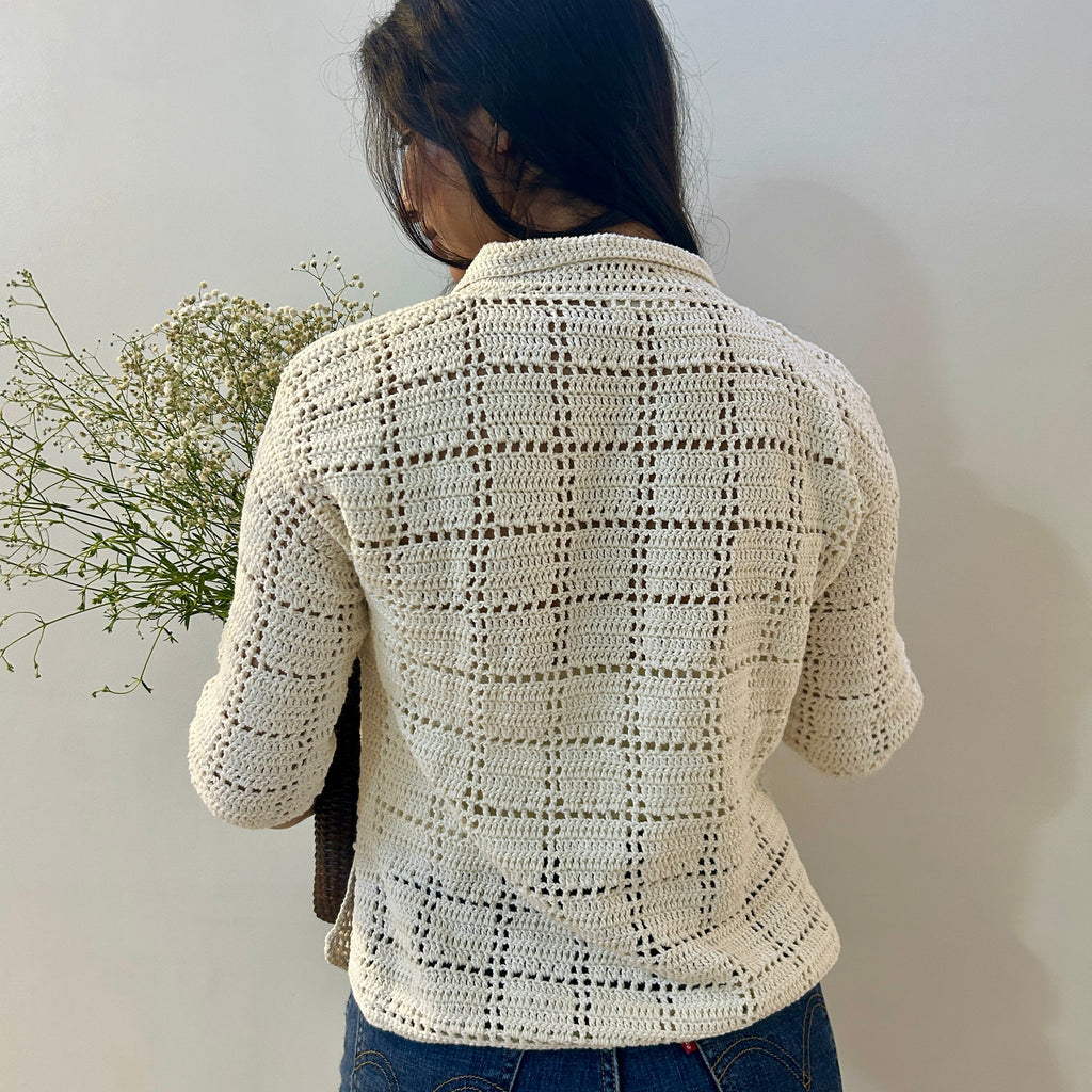 Ivory Grid Crochet Shirt at Kamakhyaa by Ikriit'm. This item is Bloom by Ikriit'm, Casual Wear, Cotton, Crochet, Crochet Apparel, Relaxed Fit, Under $100, White, Womenswear