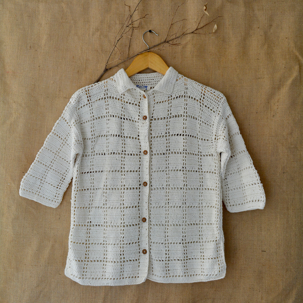 Ivory Grid Crochet Shirt at Kamakhyaa by Ikriit'm. This item is Bloom by Ikriit'm, Casual Wear, Cotton, Crochet, Crochet Apparel, Relaxed Fit, Under $100, White, Womenswear